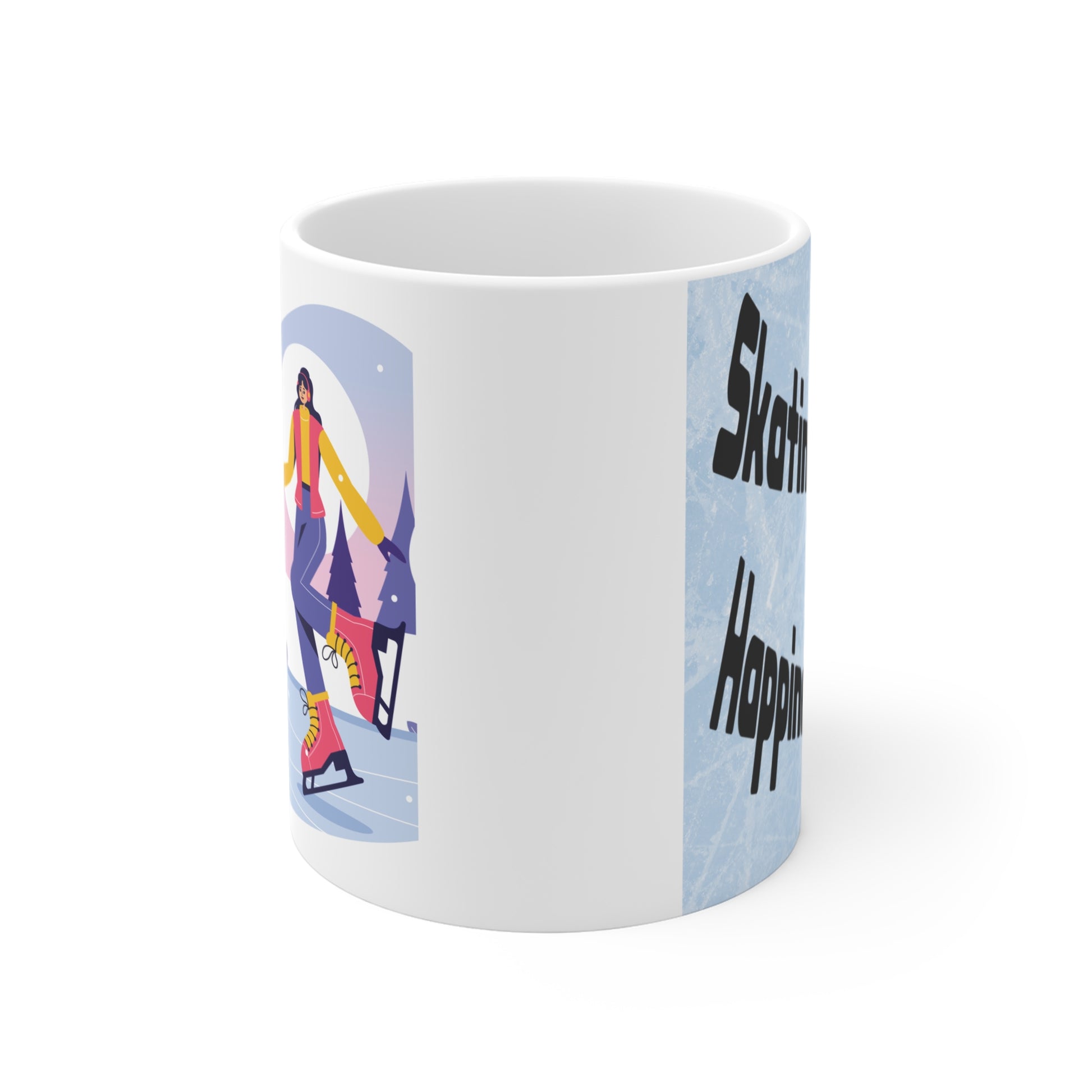 Cute winter mug with skating couple illustration and ‘Skating Together Happiness Together’ text, festive love themed drinkware