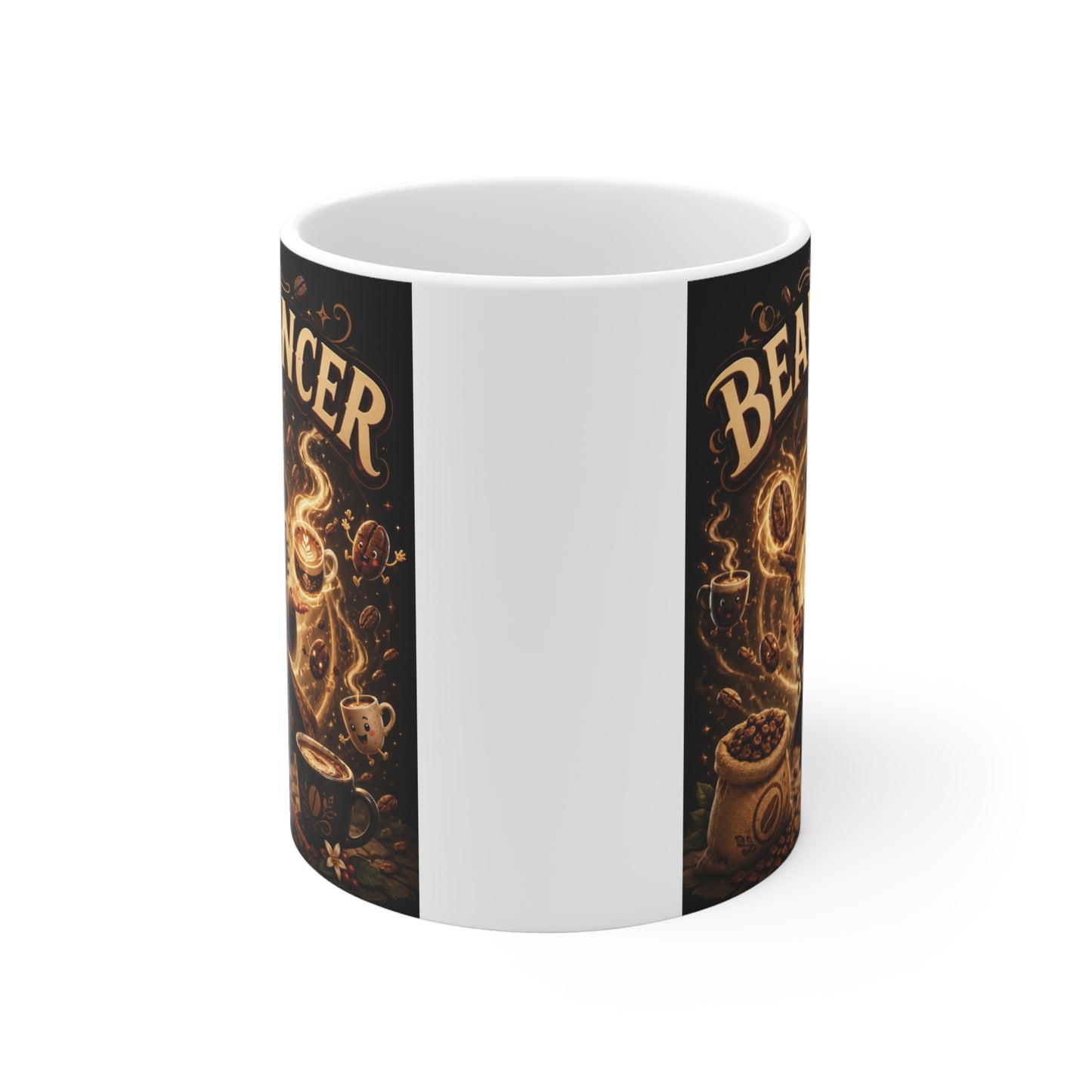 The Beanmancer 11oz ceramic coffee mug featuring a cute fantasy coffee wizard with magical coffee beans, perfect gift for coffee lovers, baristas, and fantasy fans.