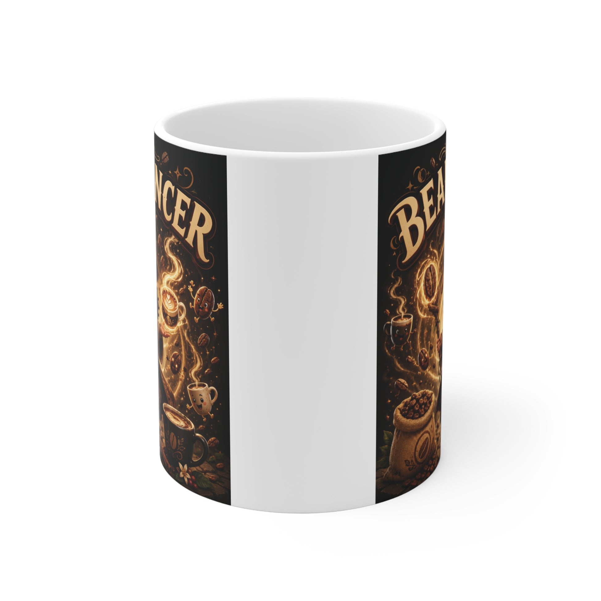 The Beanmancer 11oz ceramic coffee mug featuring a cute fantasy coffee wizard with magical coffee beans, perfect gift for coffee lovers, baristas, and fantasy fans.