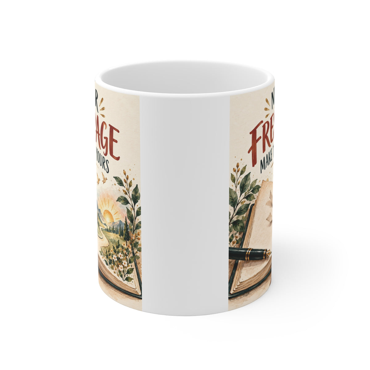 Inspirational New Year coffee mug featuring Fresh Page Make the Story Yours text with watercolor journal and sunrise design