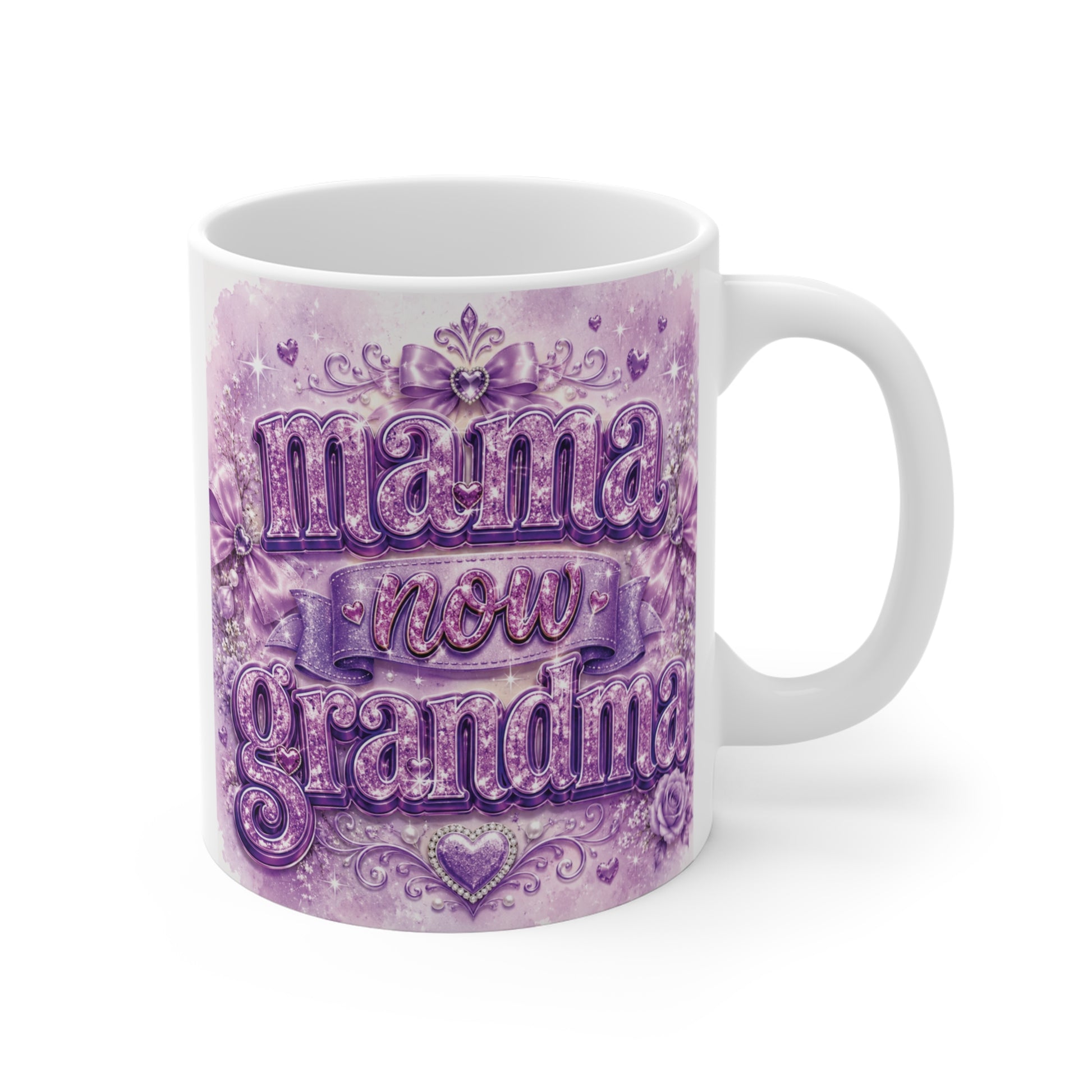 Mama Now Grandma purple vintage floral 11oz ceramic coffee mug for first-time grandma gift
