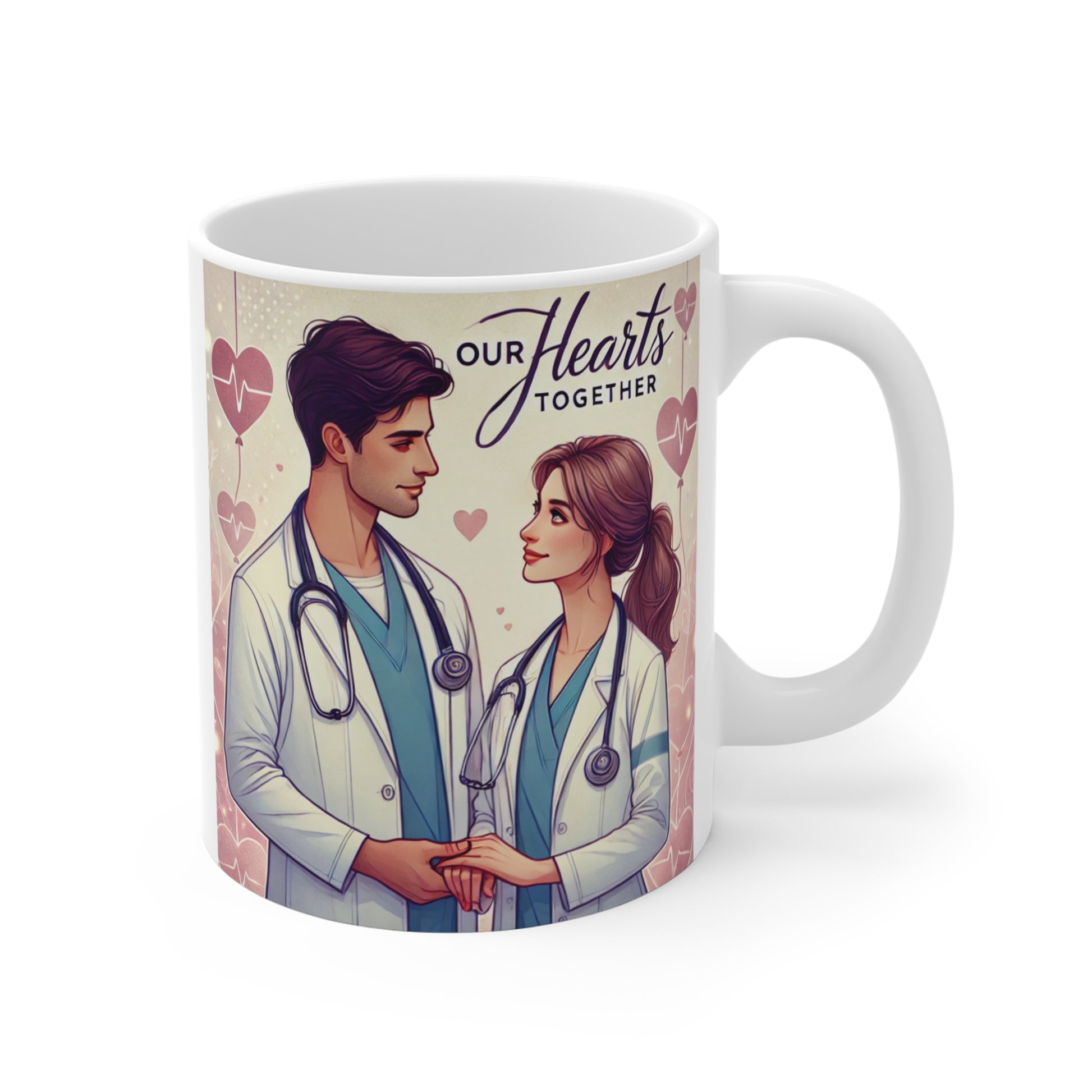 Medical couple coffee mug featuring doctors with stethoscopes and “Our Hearts Together” text