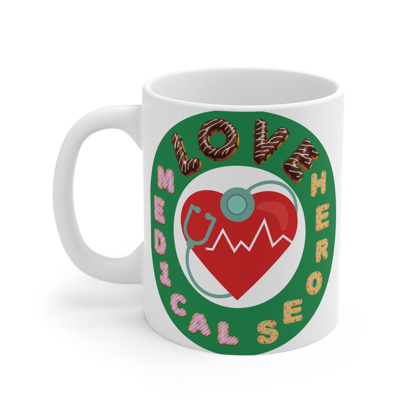 Love medical hero mug with heart and stethoscope design, healthcare worker appreciation gift