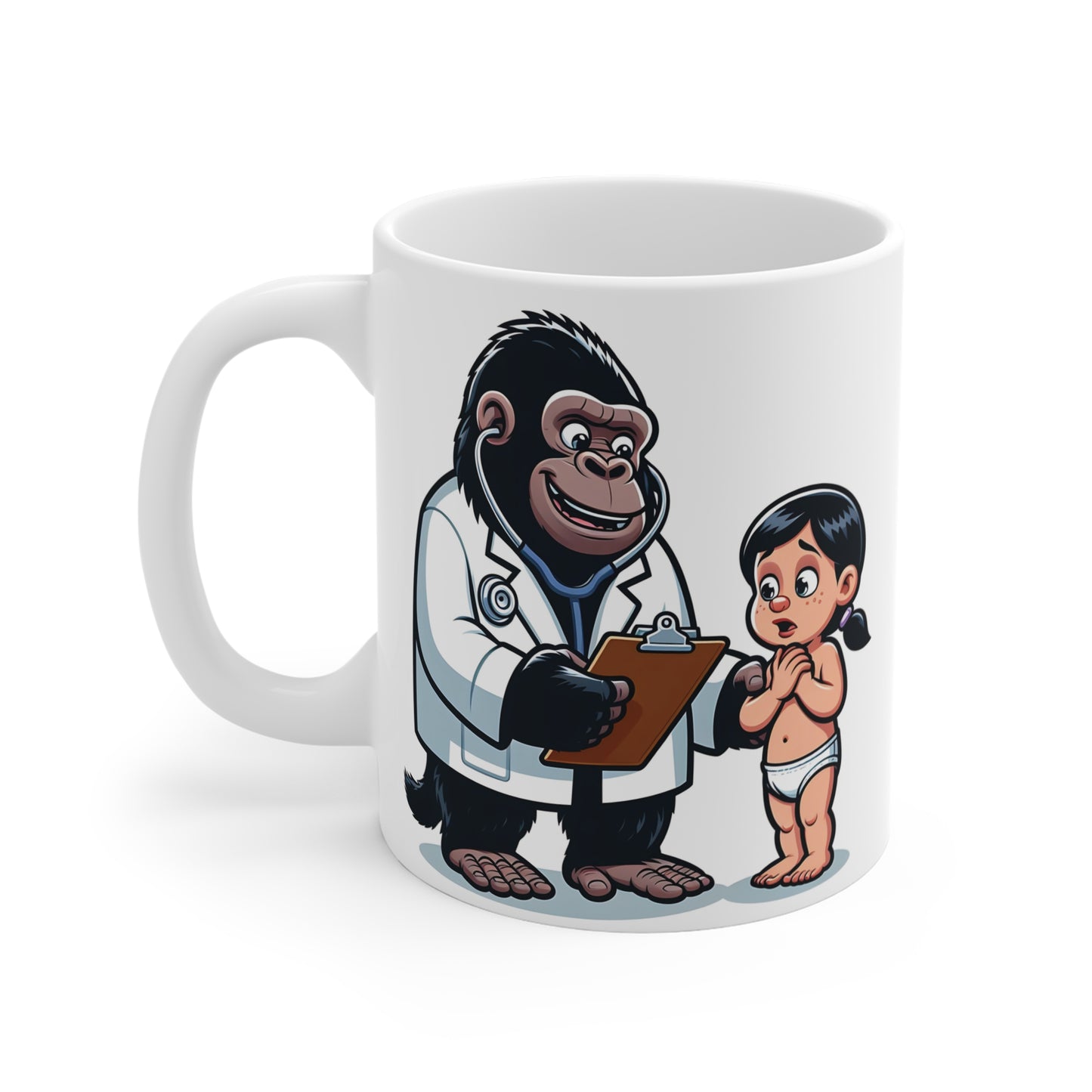 Funny medical coffee mug with cartoon gorilla pediatrician holding a clipboard beside a worried child, unique healthcare humor mug for clinic staff and medical students.