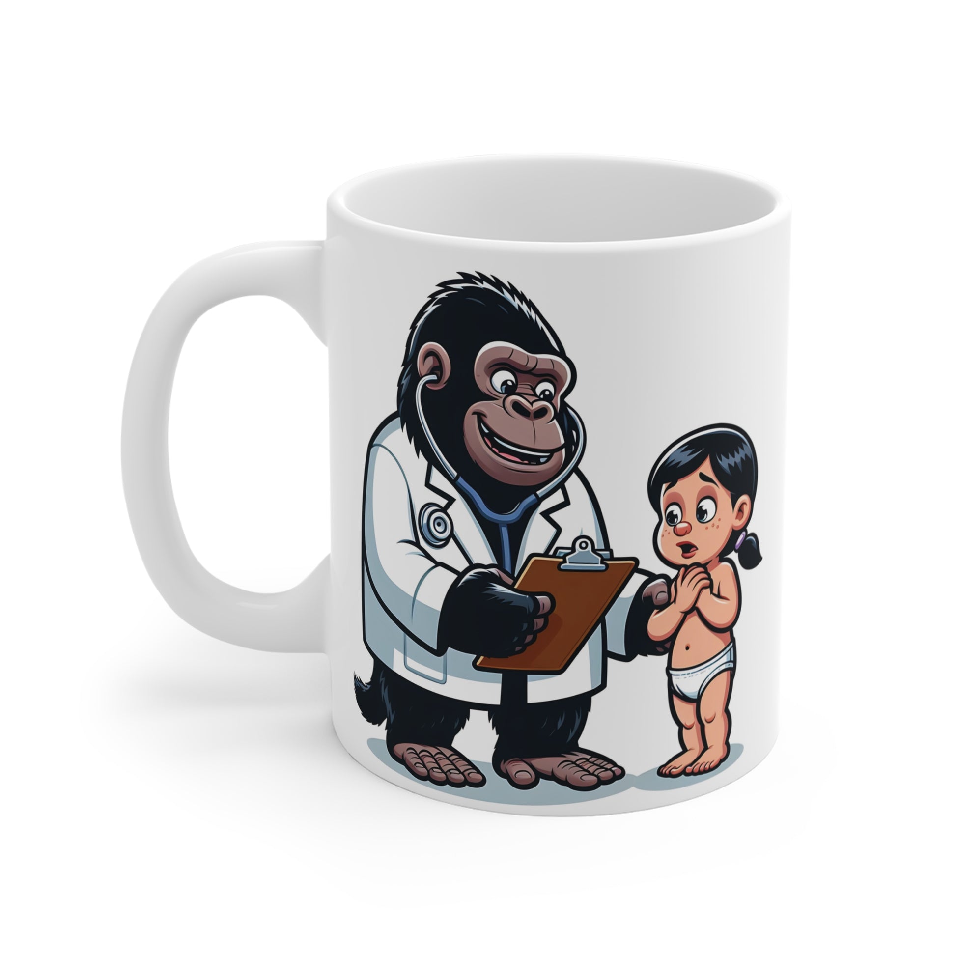 Funny medical coffee mug with cartoon gorilla pediatrician holding a clipboard beside a worried child, unique healthcare humor mug for clinic staff and medical students.