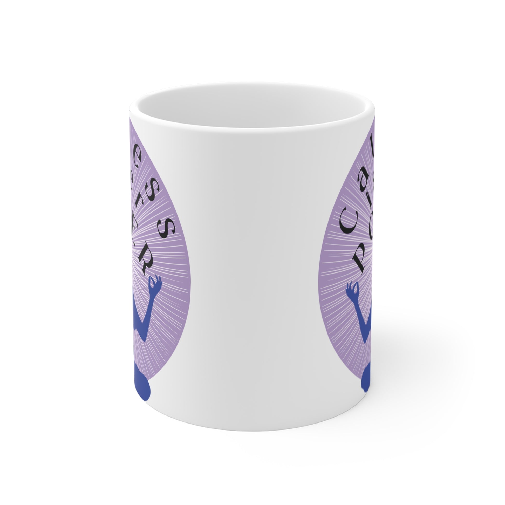 Meditation silhouette mug with calming affirmation quote, spiritual wellness coffee cup design