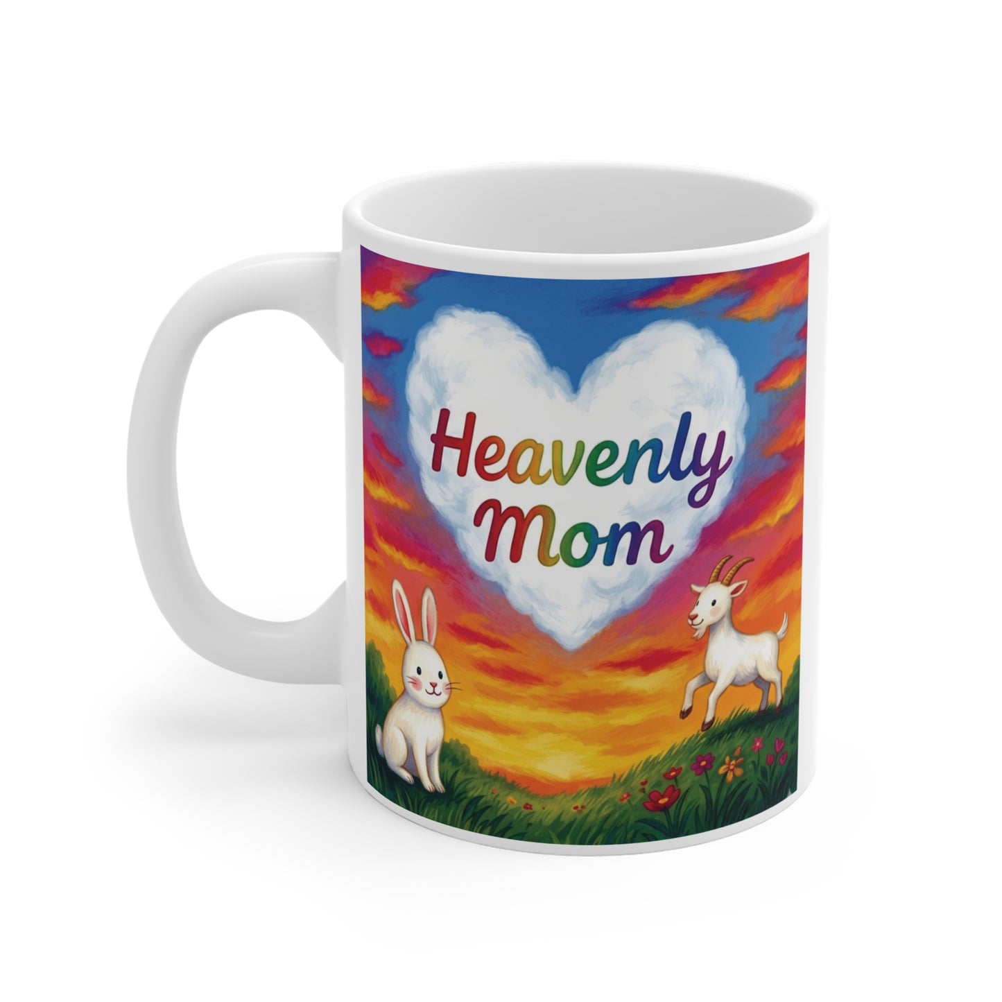 Sympathy mug for loss of mom featuring colorful sunset sky, bunny and goat illustration, Heavenly Mom memorial keepsake