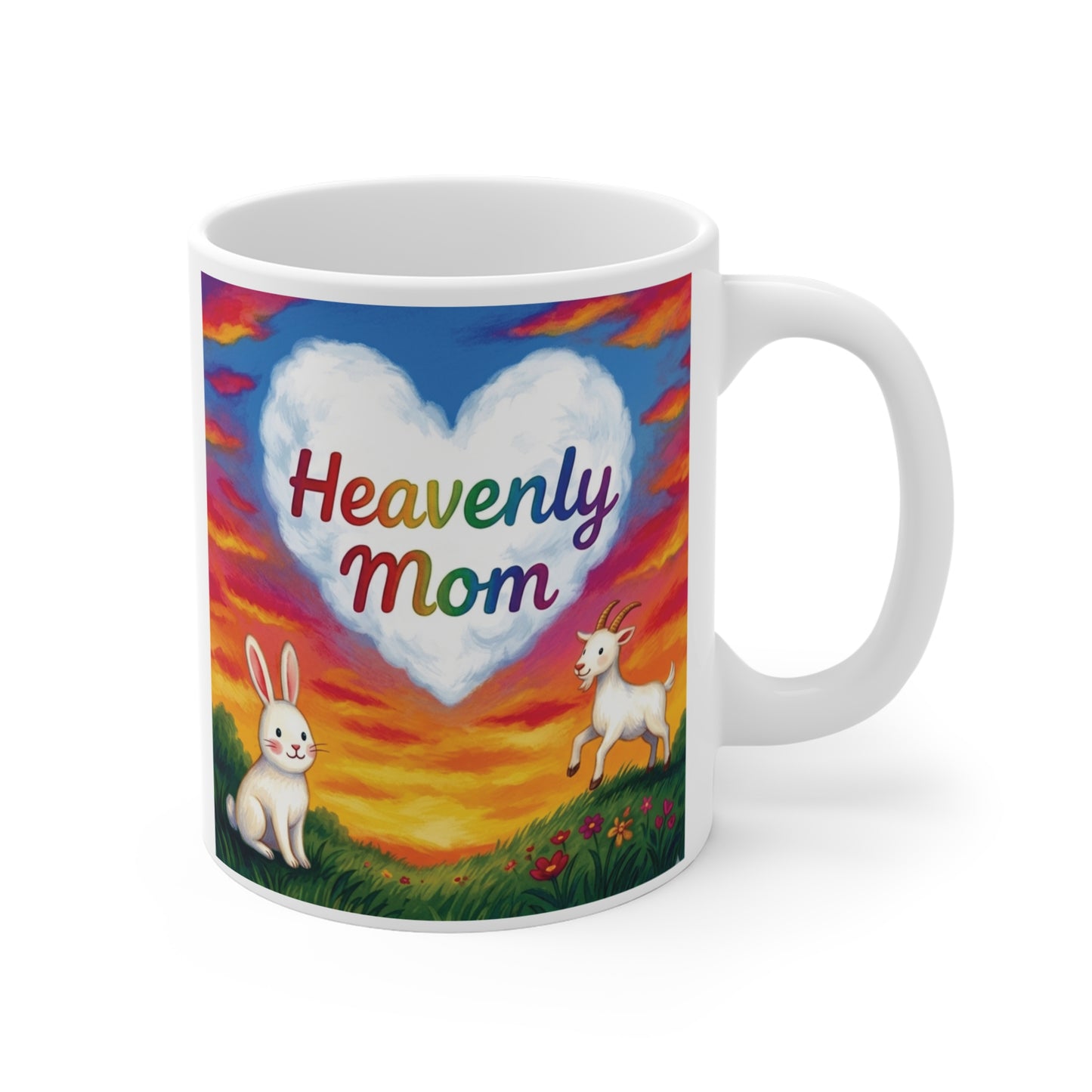 Heavenly Mom mug with rainbow sky, heart cloud design, memorial gift for loss of mother, 11oz ceramic remembrance mug