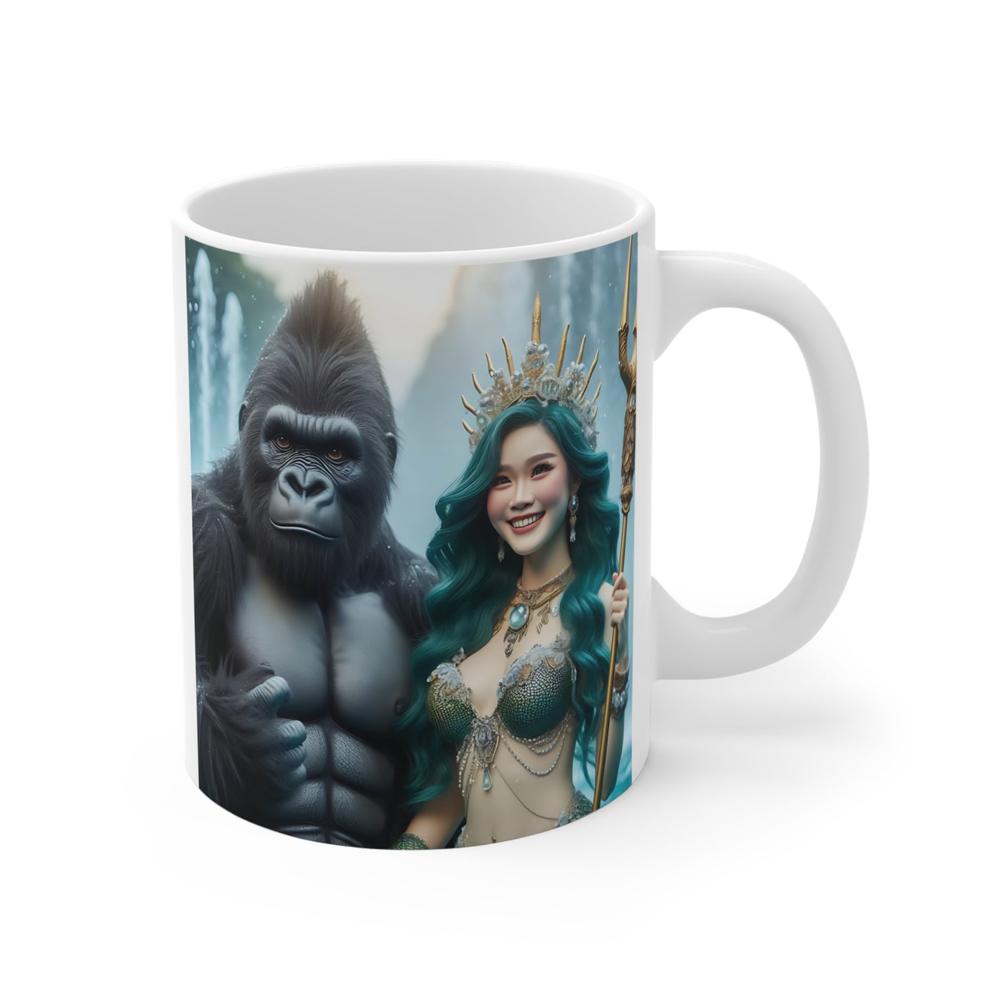 Fantasy gorilla and mermaid queen coffee mug featuring a realistic ape beside a magical ocean princess with turquoise hair and jeweled crown artwork.