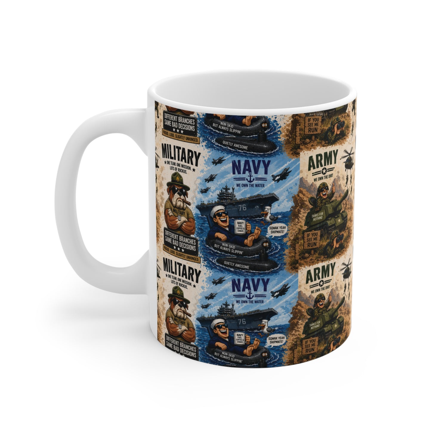 Funny military mug with army and navy design, cartoon soldier coffee cup, 11oz patriotic gift for military lovers