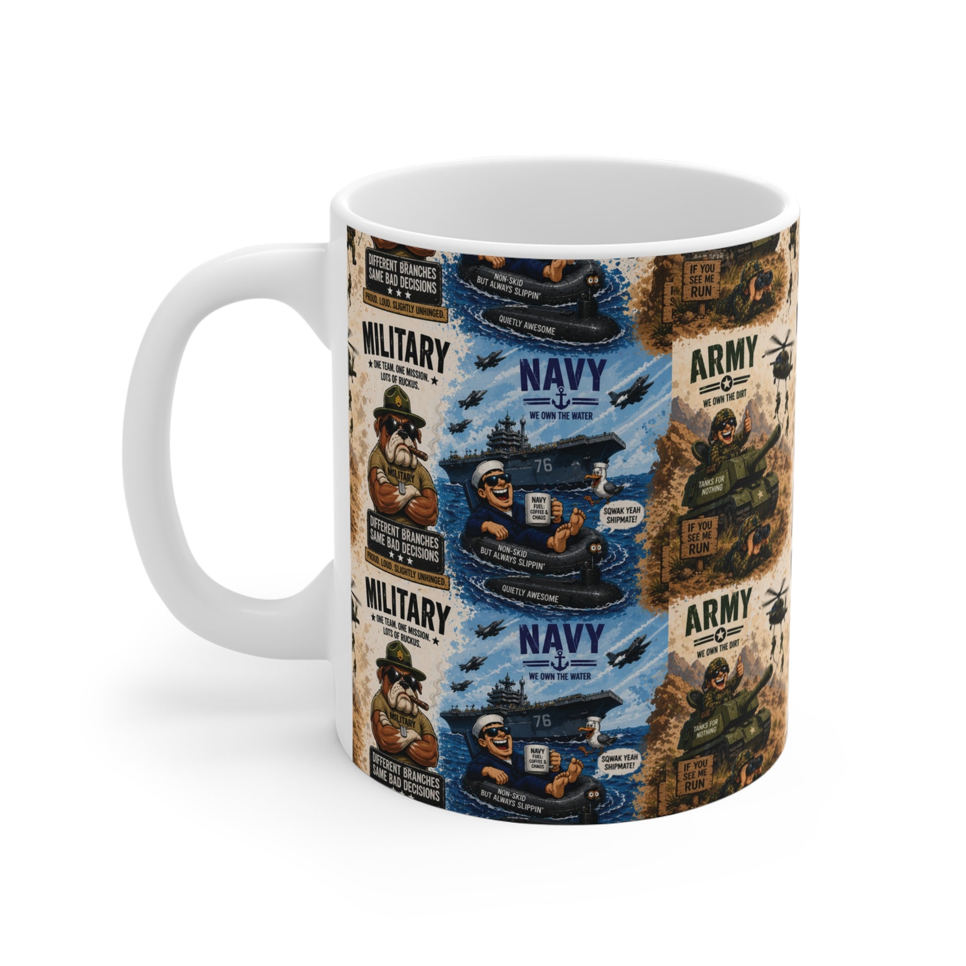 Funny military mug with army and navy design, cartoon soldier coffee cup, 11oz patriotic gift for military lovers