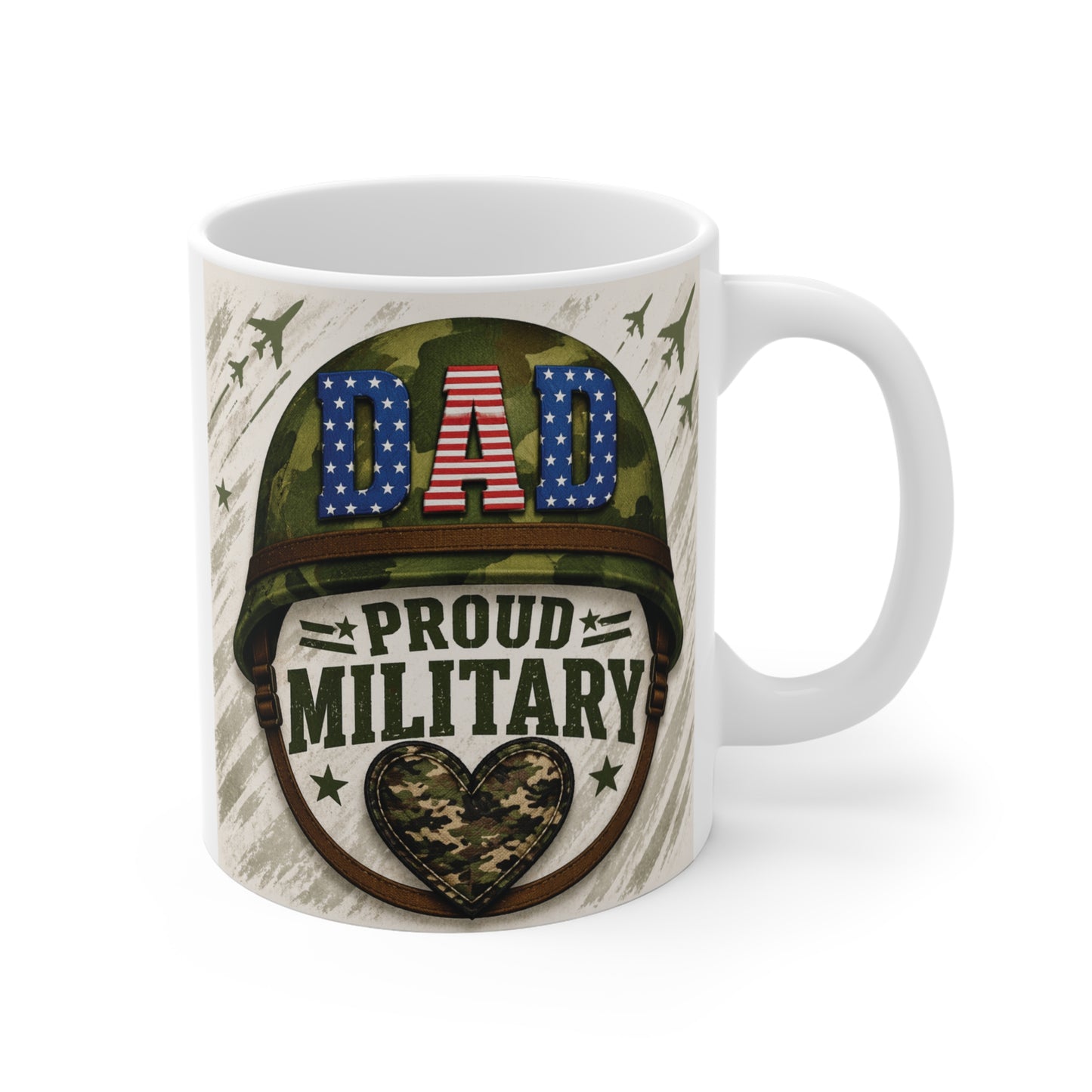 Proud Military Dad 11oz mug with DAD text, camouflage helmet design, patriotic coffee cup gift for veteran father