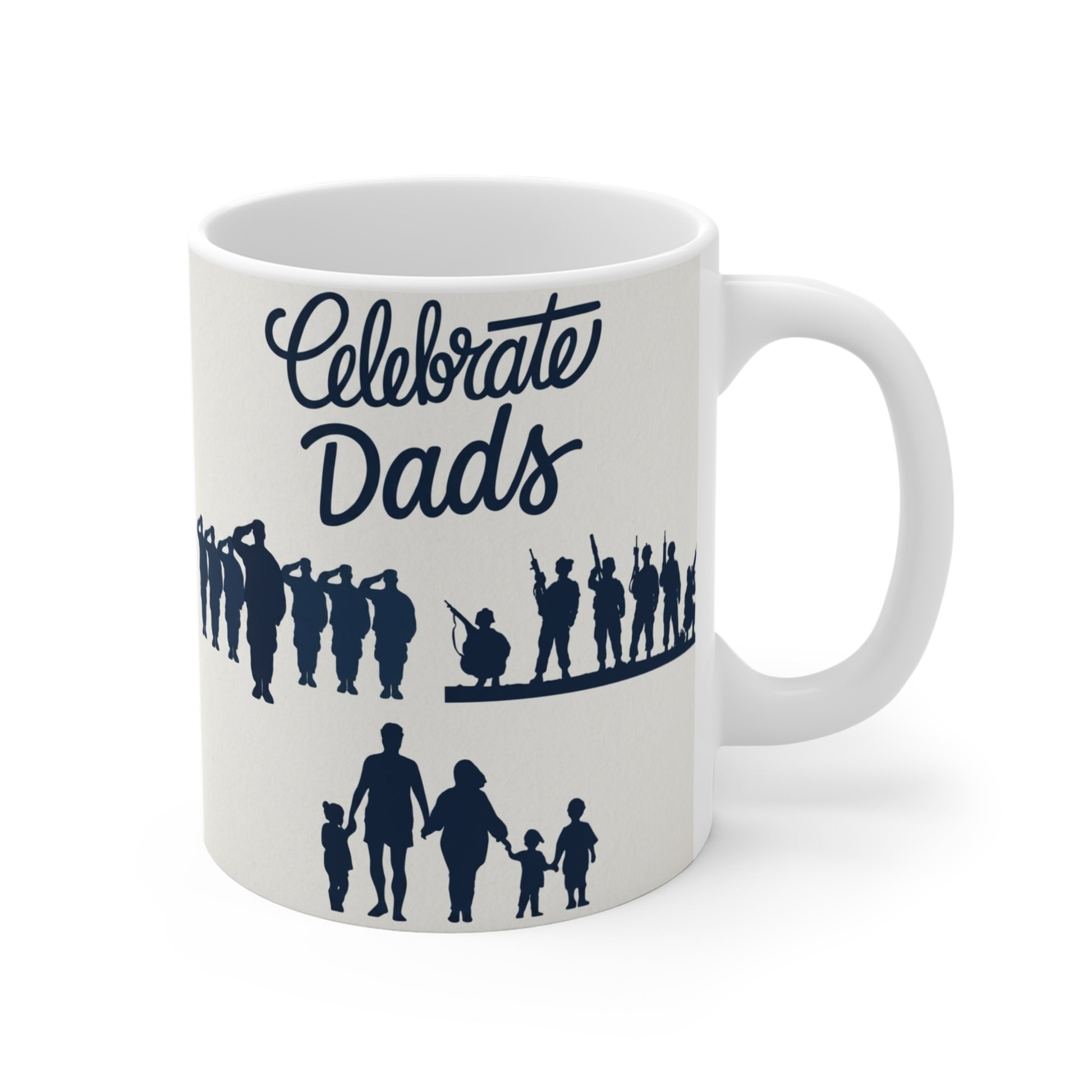 Celebrate Dads 11oz coffee mug with family silhouette design, meaningful Father’s Day gift for dad, papa, or husband