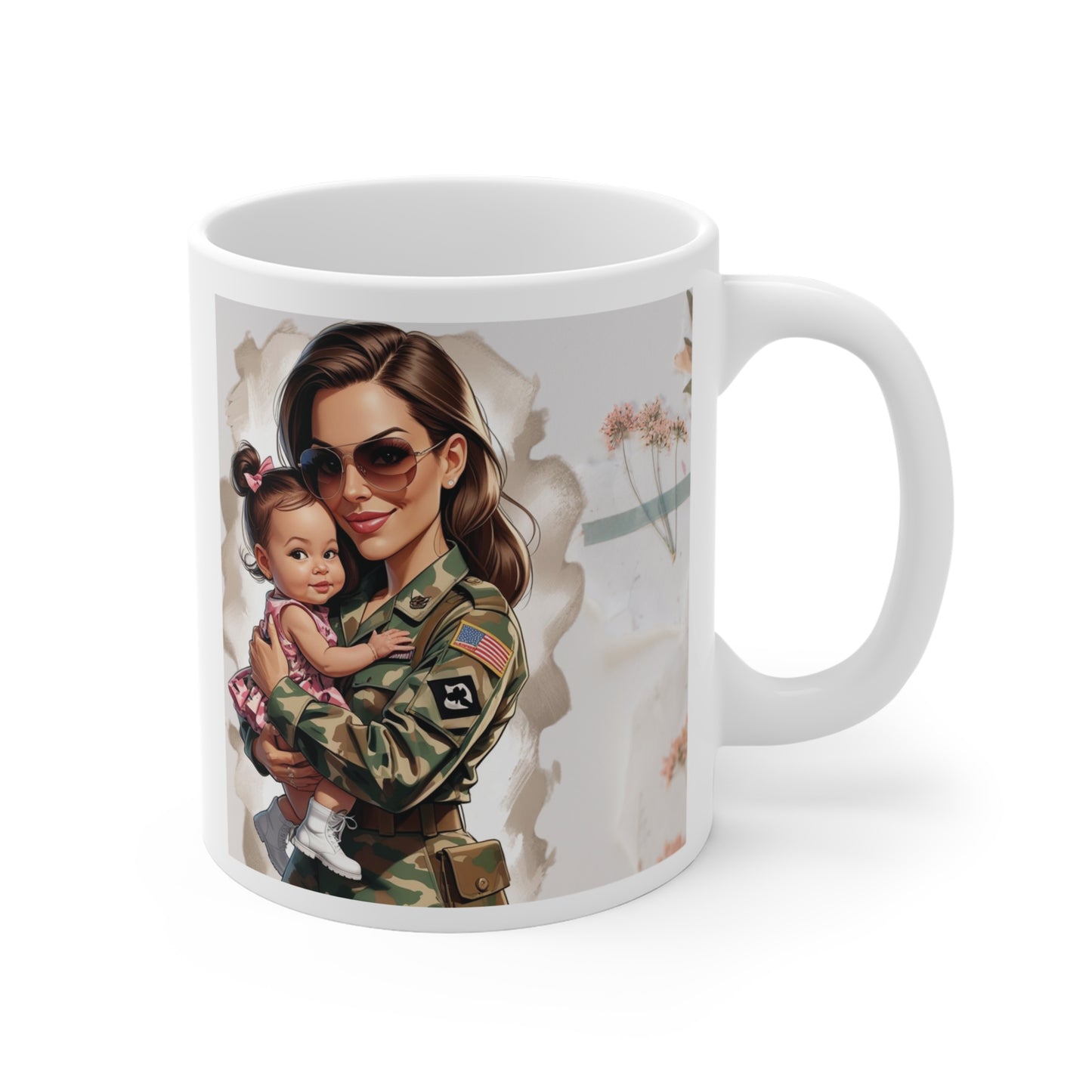 Military mom coffee mug with daughter illustration, patriotic Army mom gift for military families