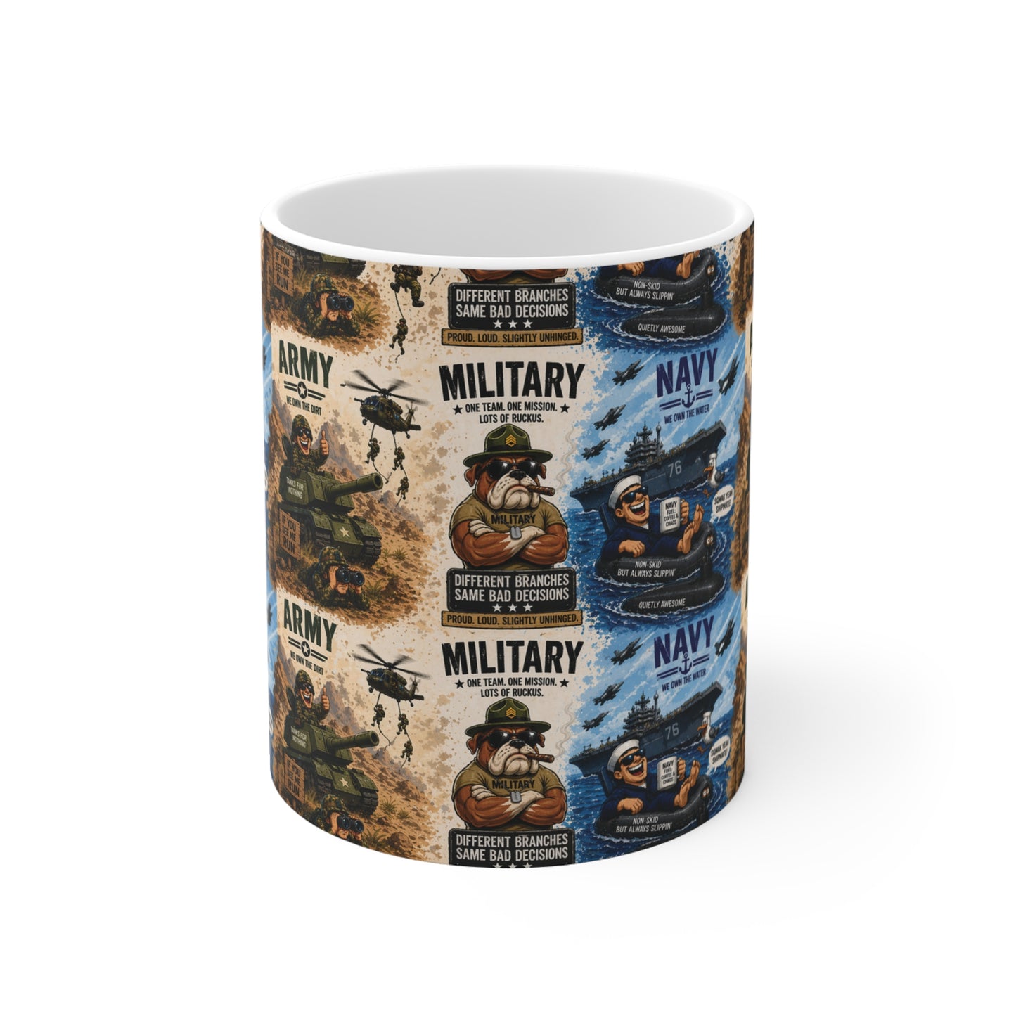 Military Army Navy wrap around mug 11oz with funny soldier cartoon, tanks and helicopters, patriotic coffee mug for veterans