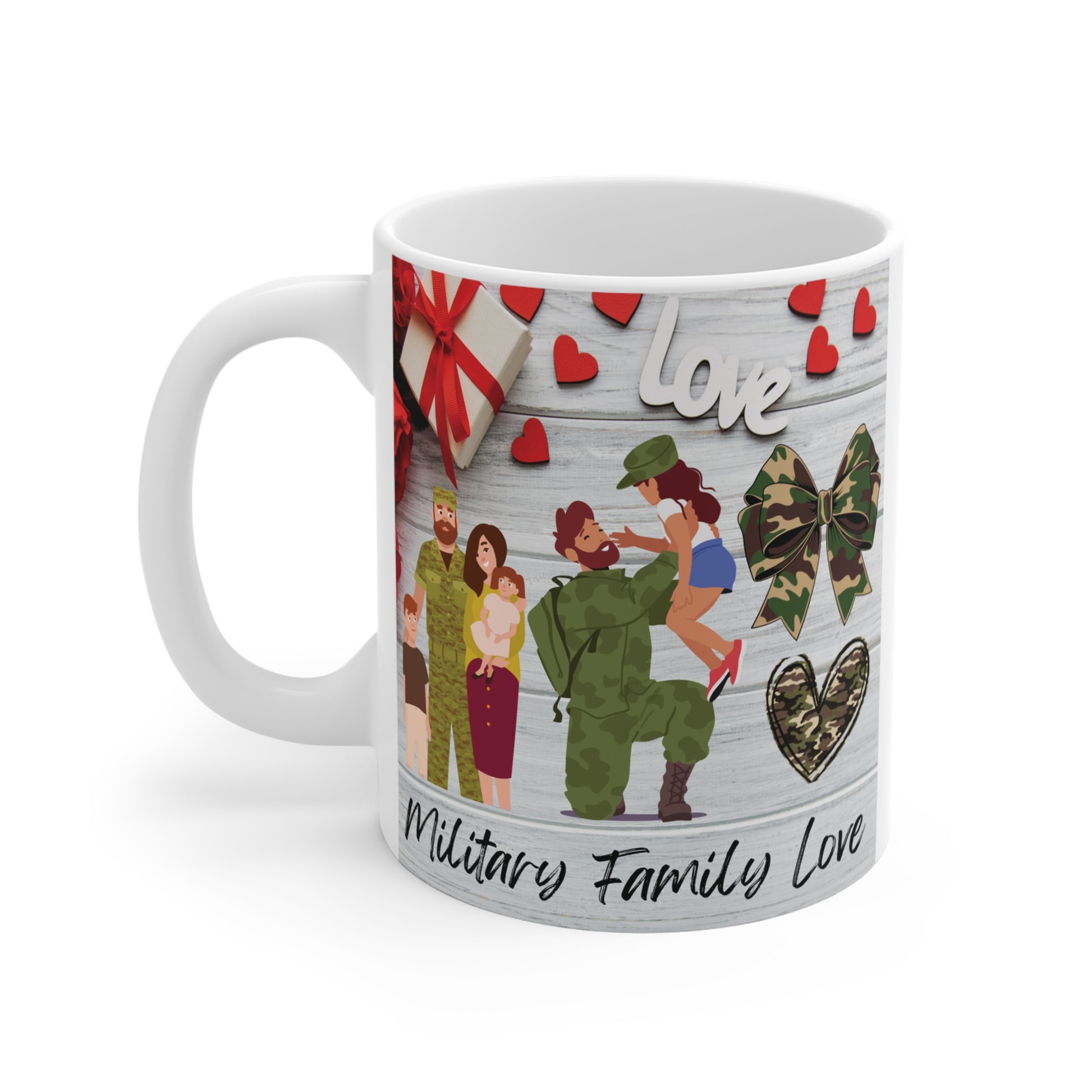 Love-themed coffee mug featuring military couple and family illustration, heartfelt gift for service members