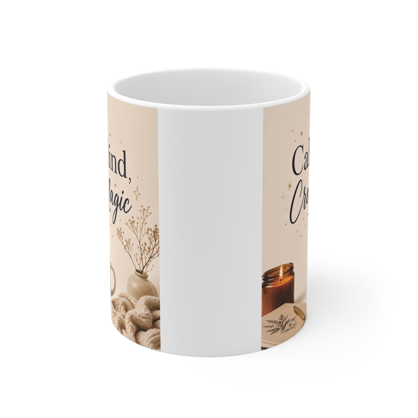 Inspirational coffee mug with calm mind create magic text, cozy neutral design, perfect gift for her or wellness lovers