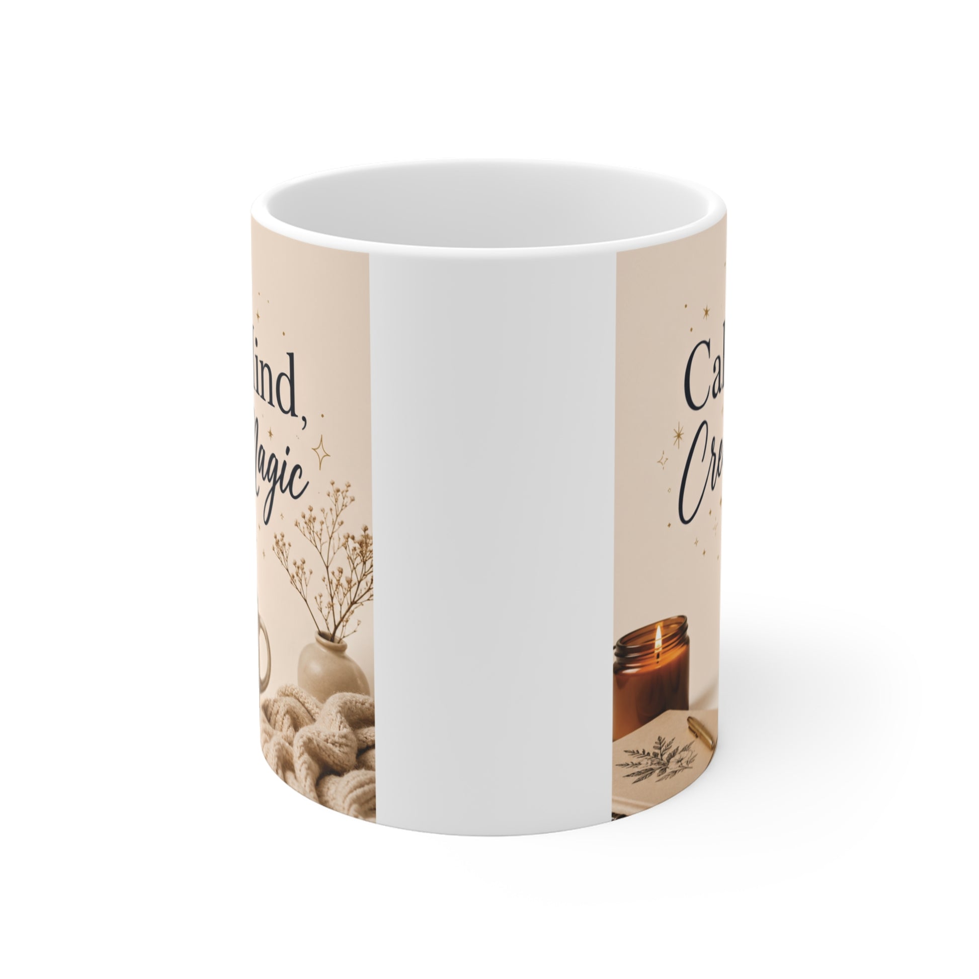 Inspirational coffee mug with calm mind create magic text, cozy neutral design, perfect gift for her or wellness lovers