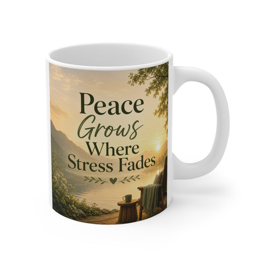 Inspirational ceramic mug with peaceful lake sunrise and “Peace Grows Where Stress Fades” quote