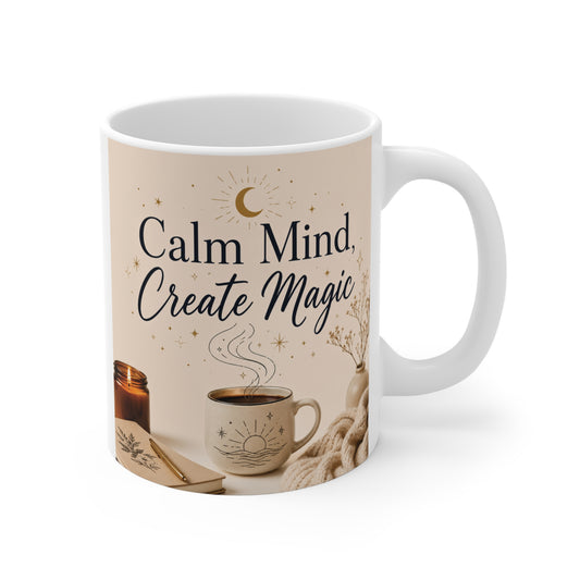 Calm Mind Create Magic 11oz ceramic mug with aesthetic boho design and inspirational quote for mindfulness and self care