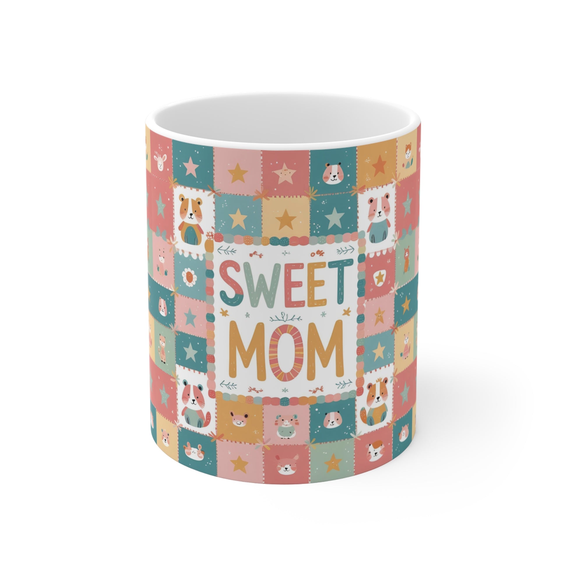 Cute “Sweet Mom” 11oz mug with wrap-around dog and star design. Perfect gift for mom, Mother’s Day, birthdays, and dog-loving moms.