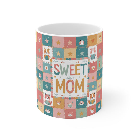 Cute “Sweet Mom” 11oz mug with wrap-around dog and star design. Perfect gift for mom, Mother’s Day, birthdays, and dog-loving moms.