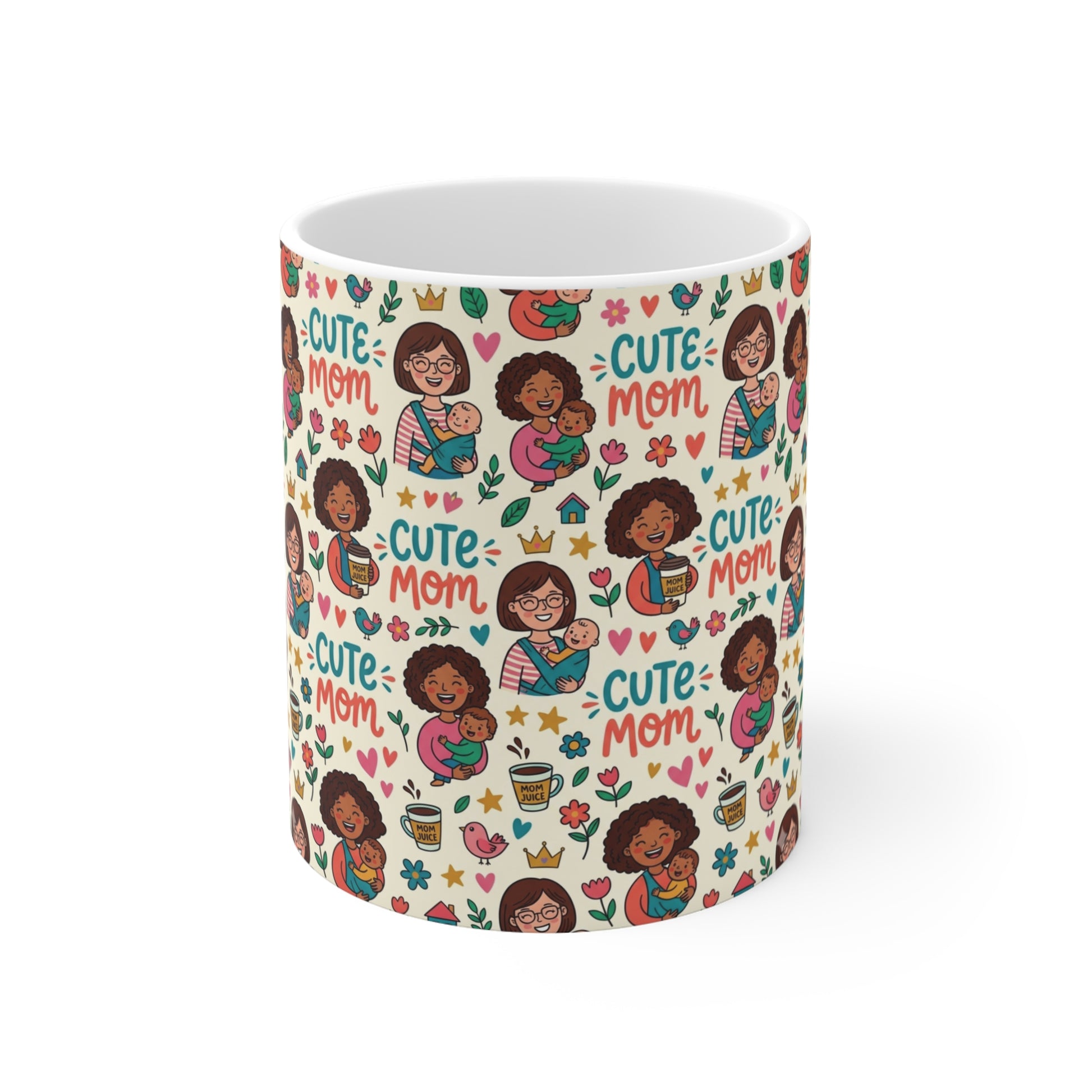 Cute mom mug 11oz with colorful cartoon mom design and hearts, perfect Mother’s Day gift coffee cup for mom