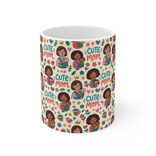 Cute mom mug 11oz with colorful cartoon mom design and hearts, perfect Mother’s Day gift coffee cup for mom