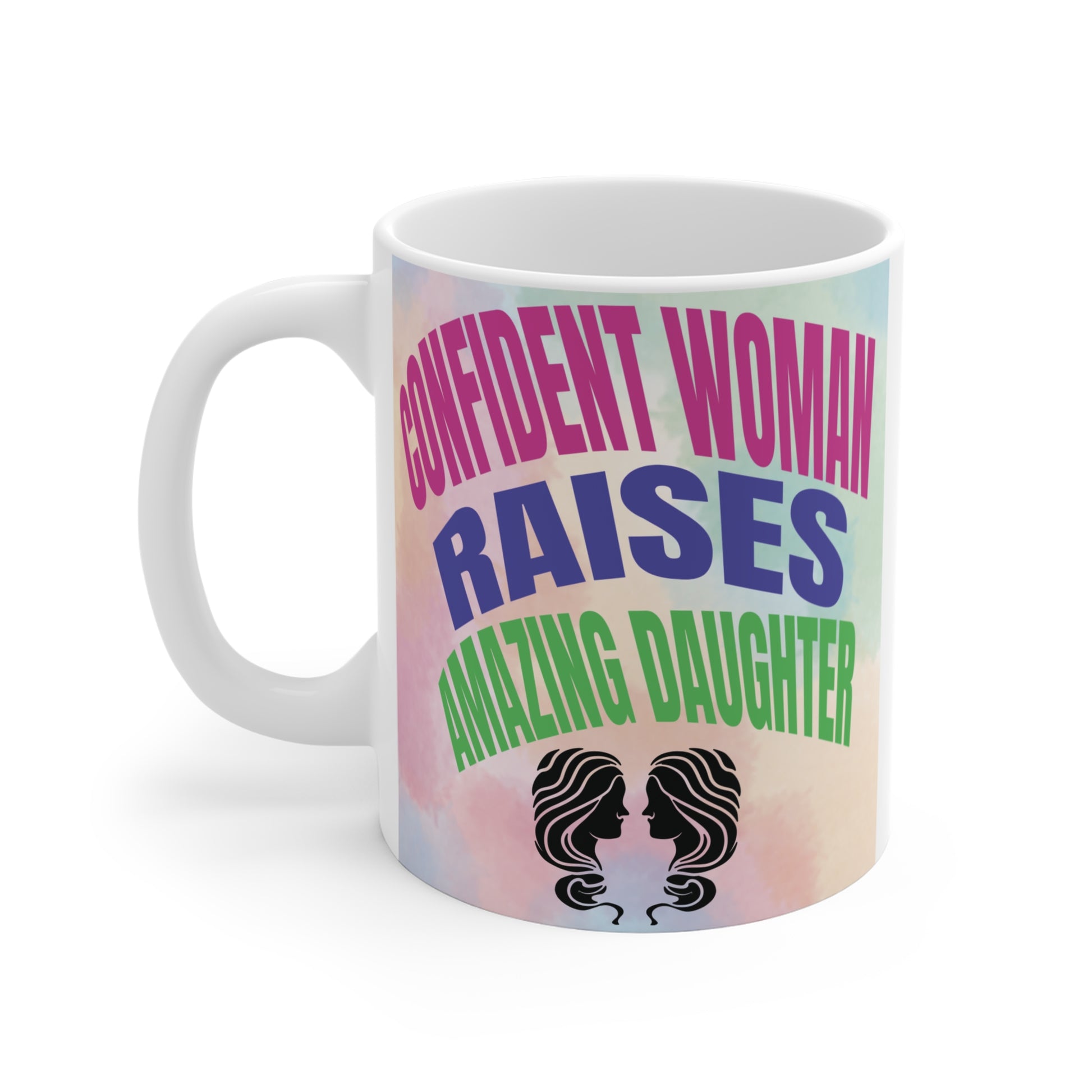 Confident woman raises amazing daughter mug with colorful pastel background, empowering gift for moms of daughters