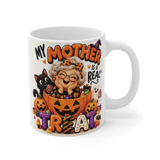 11oz Mom Halloween mug featuring “My Mother Is a Real Treat” with colorful candy, pumpkins, black cat and cute Halloween artwork.