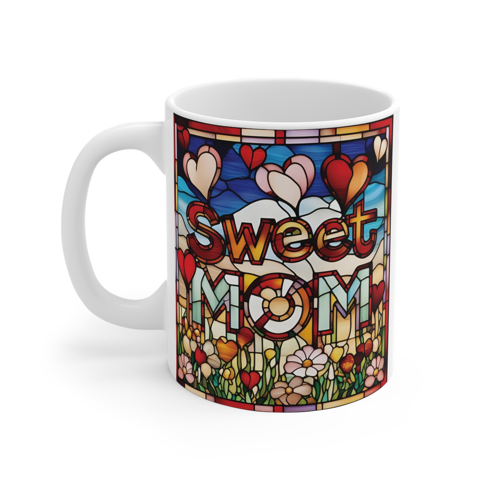 Cute Sweet Mom coffee mug with vibrant floral and heart stained glass pattern, ideal birthday or Christmas gift for mom