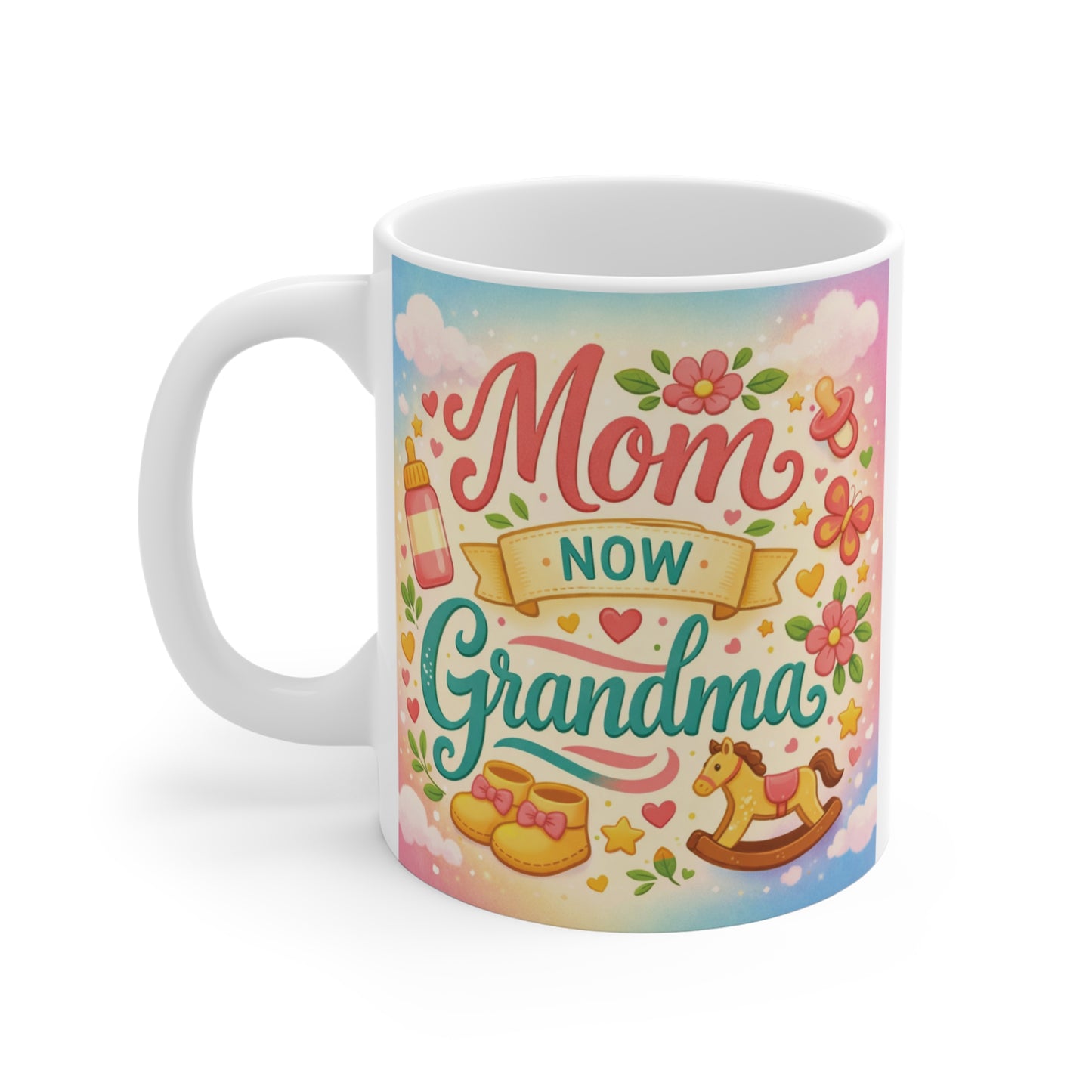 First-time grandma gift mug with colorful Mom Now Grandma design for baby reveal or Mother’s Day gift
