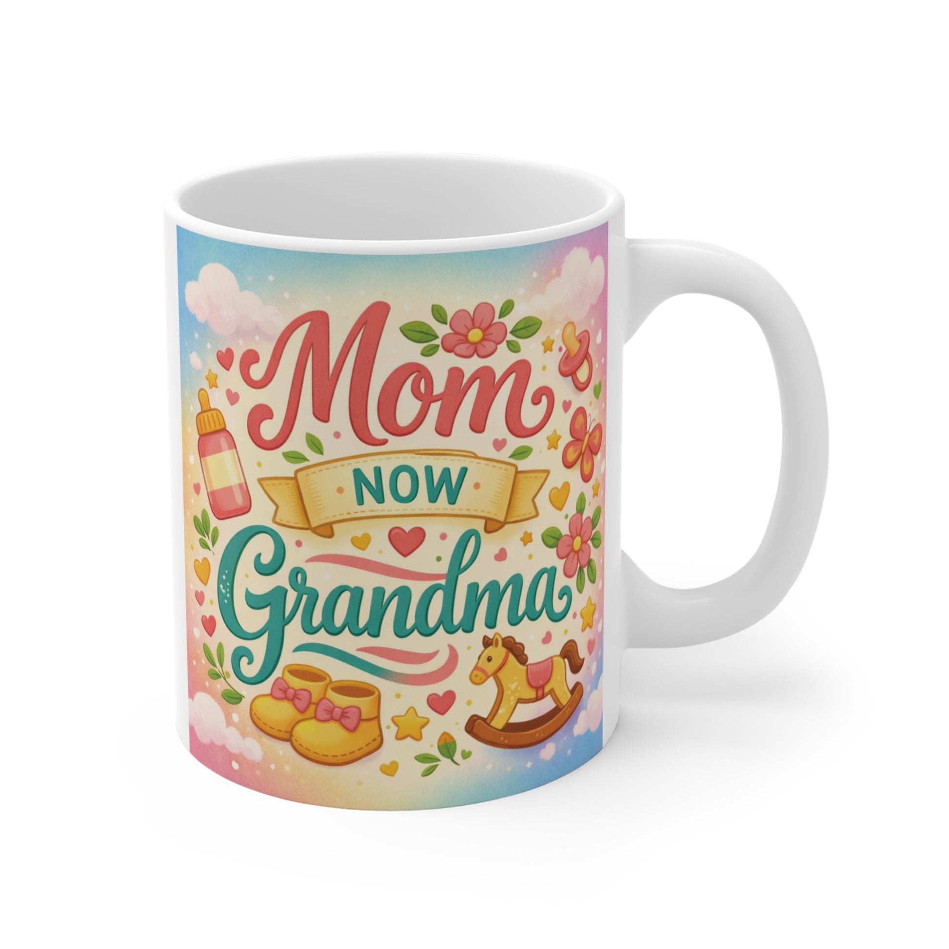 Mom Now Grandma 11oz mug with floral pastel design, baby toys, and cute lettering for a pregnancy announcement gift.
