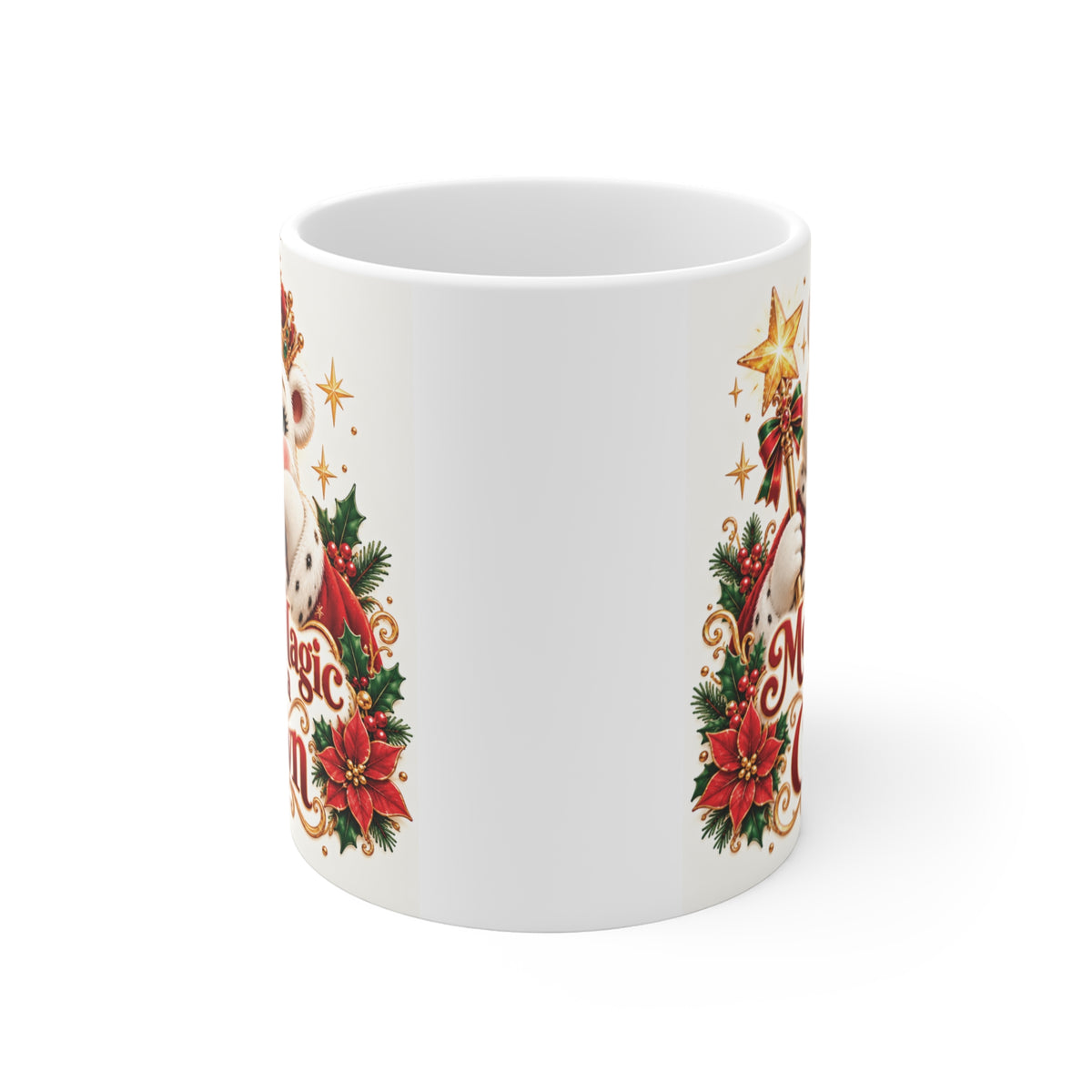 Christmas polar bear 11oz coffee mug with holiday greenery, red poinsettias, and Moms Magic Wears a Crown phrase