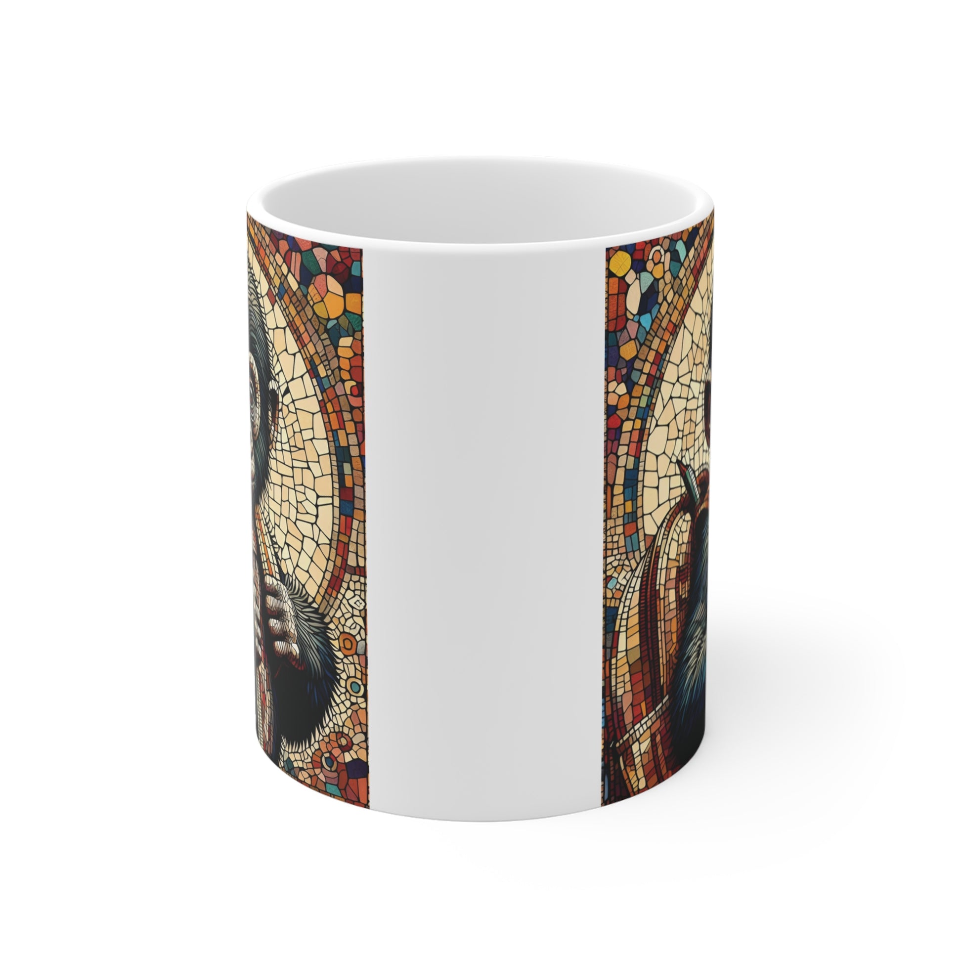 Adorable monkey with backpack illustrated in colorful mosaic pattern on ceramic mug, unique animal art gift