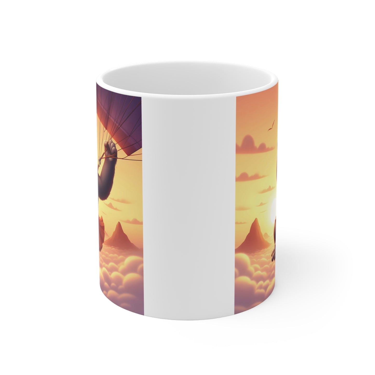 Cartoon gorilla paragliding above clouds at sunset, colorful animal mug design with playful flying monkey theme