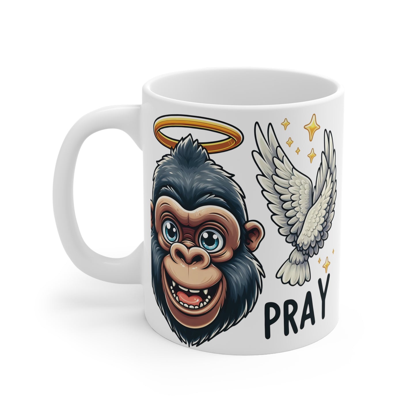 Christian Gorilla Mug with Halo and Wings Artwork, Unique Animal Lover Gift, Pray Inspirational Coffee Cup