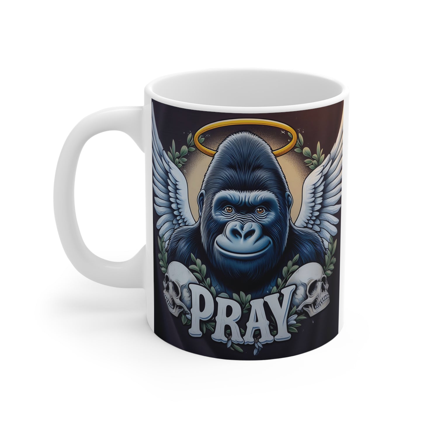 Gorilla angel coffee mug with halo, skull graphics, and bold gothic animal art for unique gift ideas
