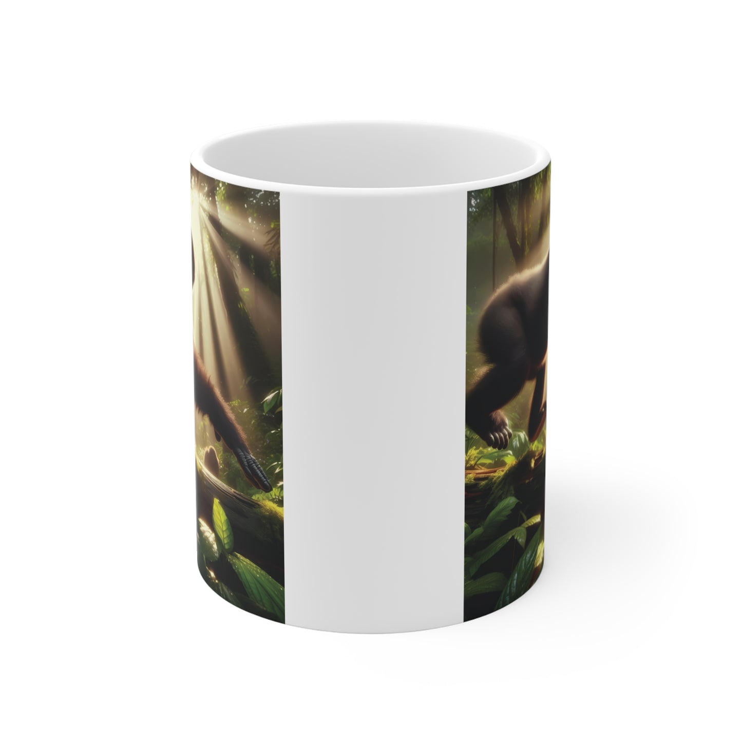 Nature-themed mug featuring baby gorilla exploring forest log with warm sunlight and tropical leaves illustration