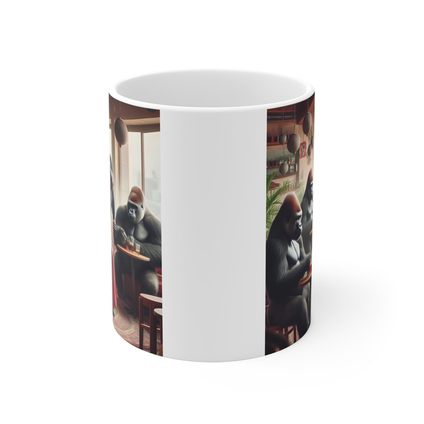 Funny gorilla dance mug design with gorillas relaxing in a cozy coffee shop while a stylish ape performer entertains the crowd.