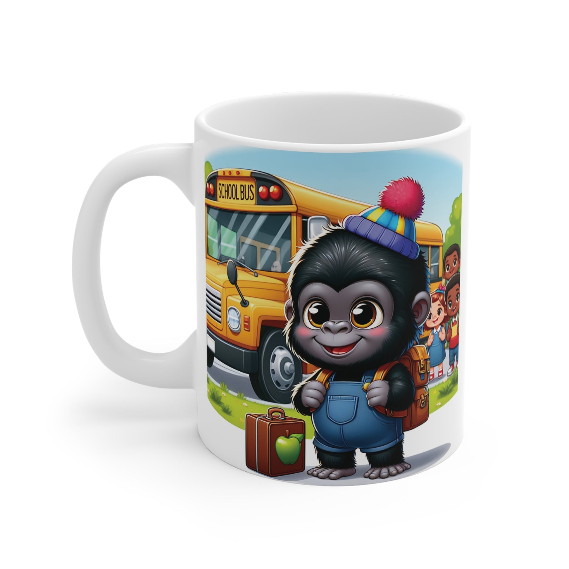 Charming mug featuring a baby gorilla dressed for school with a backpack and hat, standing near a yellow school bus with classmates in the background.