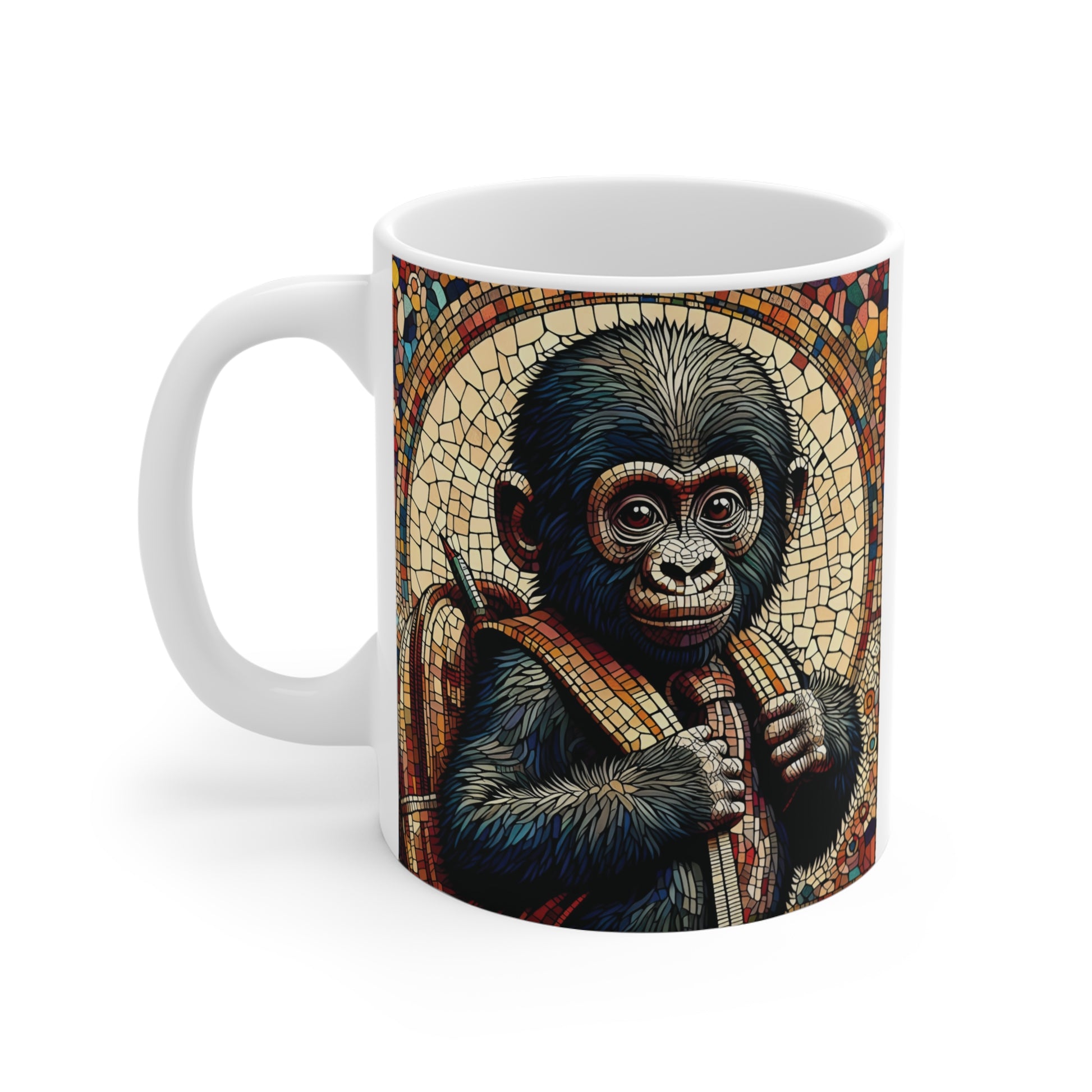 Stained glass style baby chimpanzee design on coffee mug, detailed mosaic animal artwork with vintage look