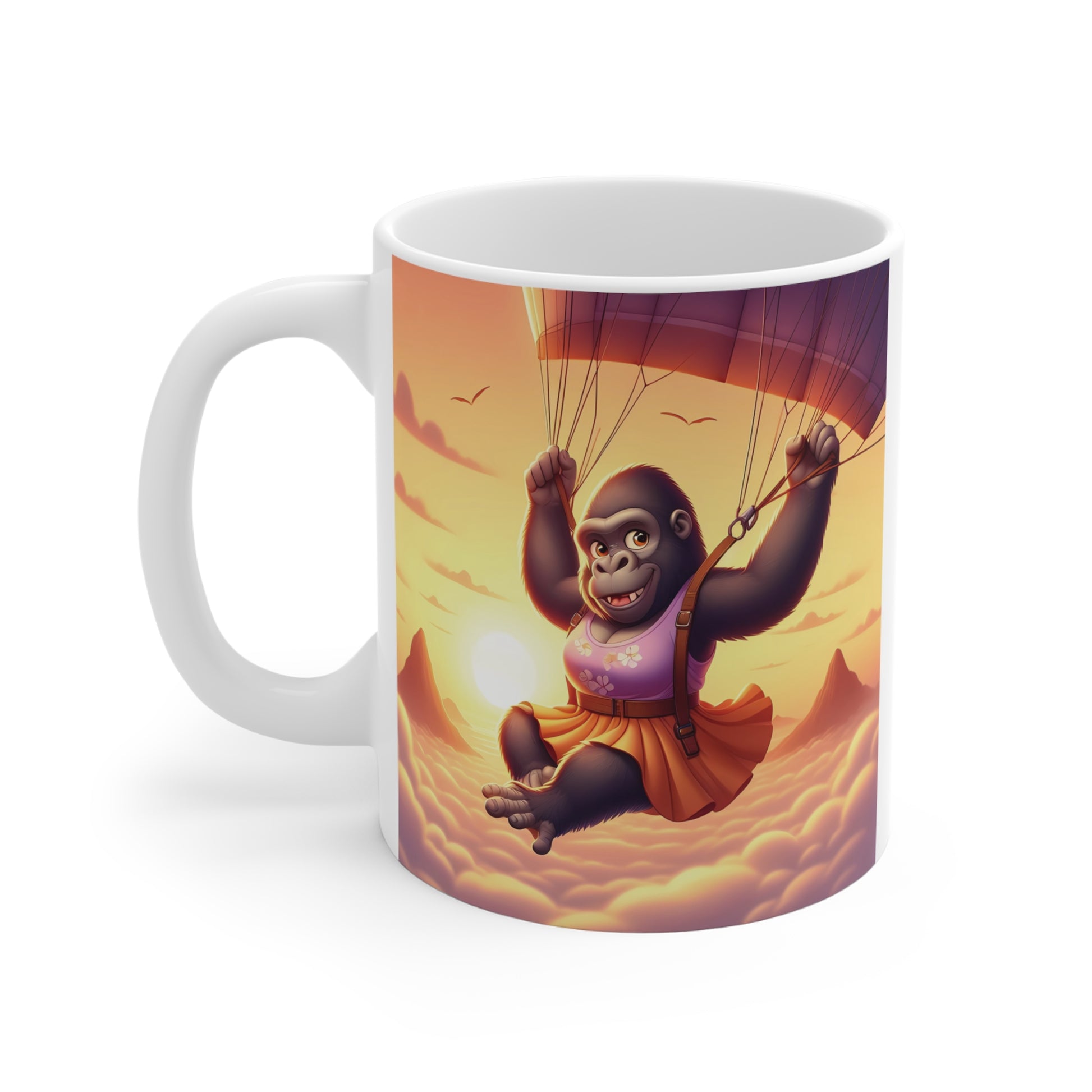 Adorable gorilla flying with parachute illustration on coffee mug, sunset sky and mountain scenery design