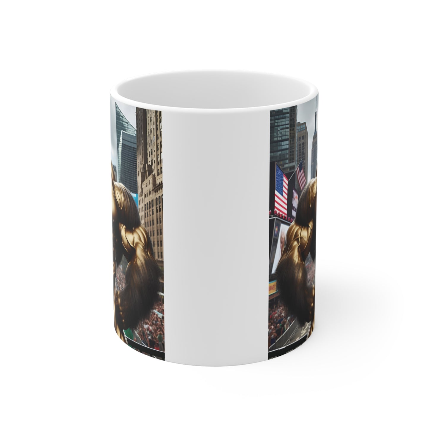Funny bodybuilding gorilla ceramic mug featuring muscular monkey art, competition medal, and city backdrop