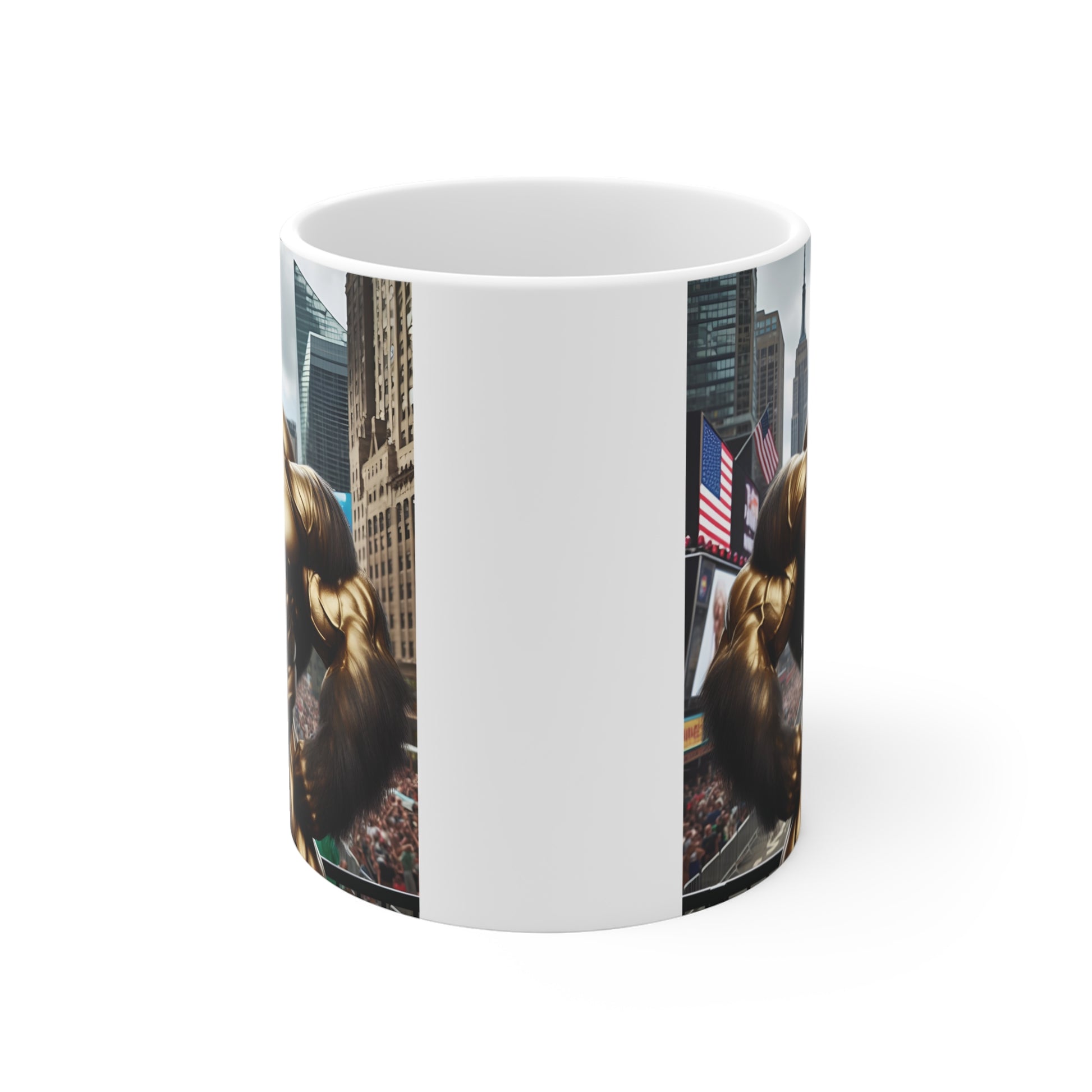 Funny bodybuilding gorilla ceramic mug featuring muscular monkey art, competition medal, and city backdrop