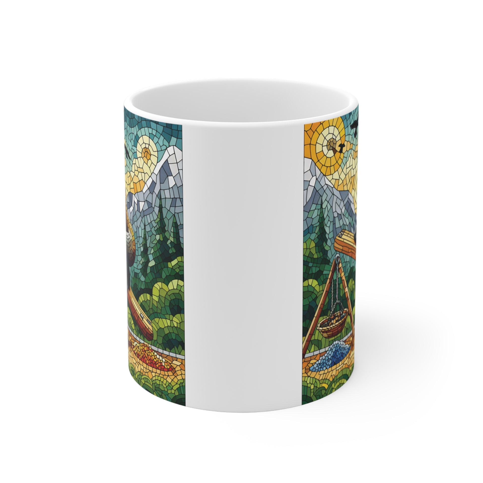 Unique stained glass style gorilla mug with tropical landscape, sun, mountains, and wildlife illustration in detailed mosaic artwork for animal lovers.