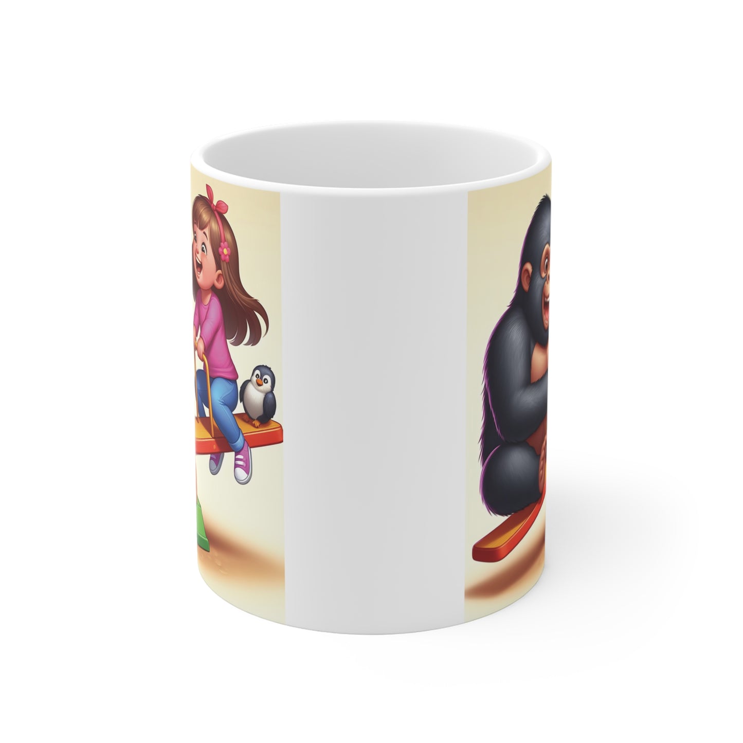 Adorable gorilla and smiling child on playground seesaw colorful illustration printed on ceramic mug