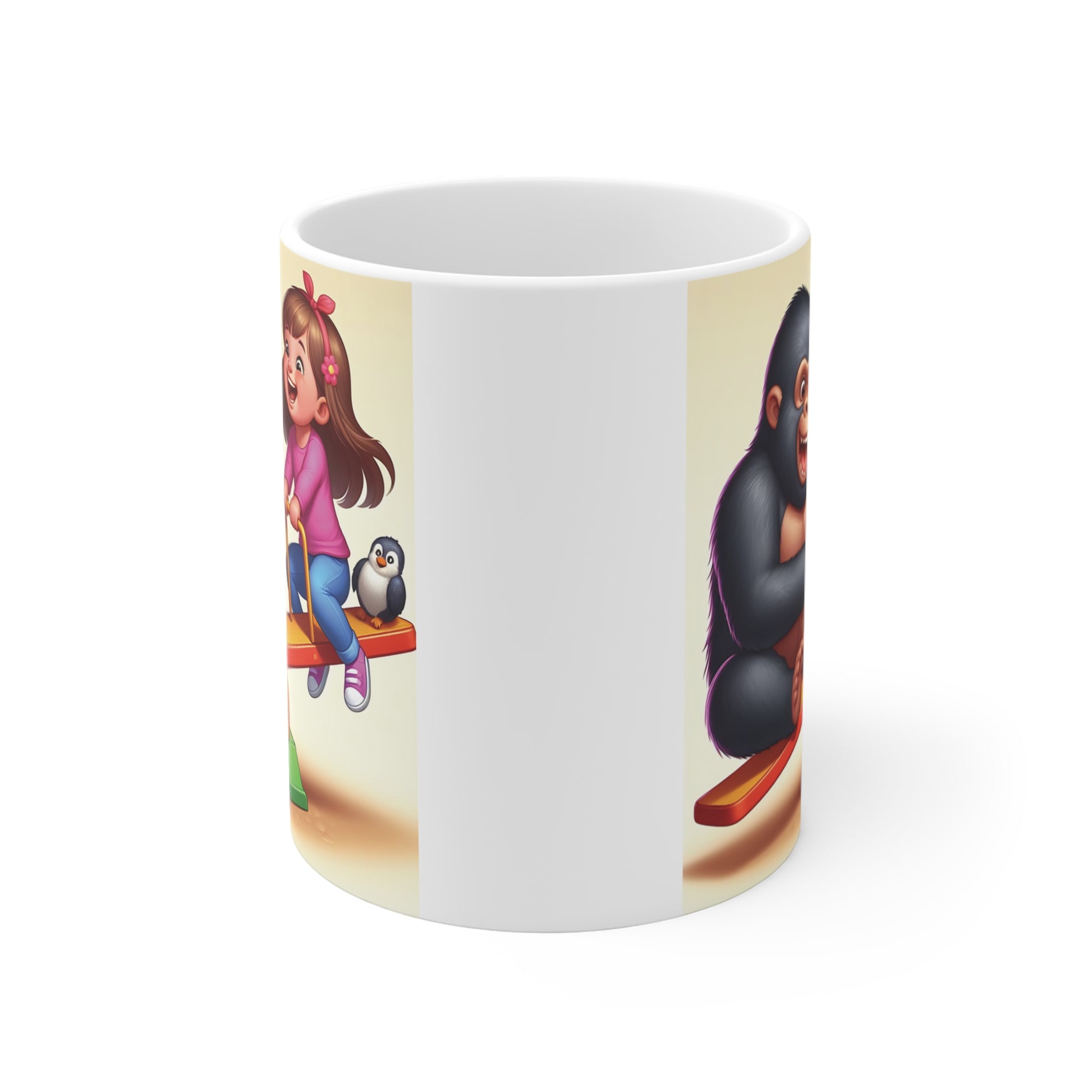 Adorable gorilla and smiling child on playground seesaw colorful illustration printed on ceramic mug