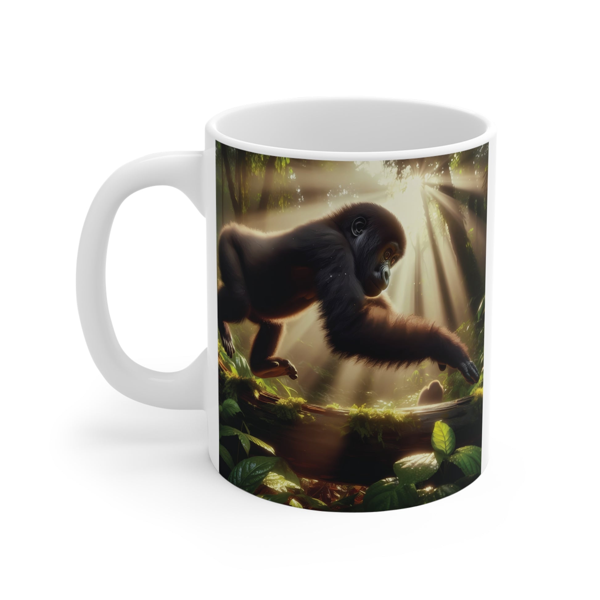 Adorable gorilla artwork on coffee mug showing young gorilla in lush rainforest with sun rays and greenery