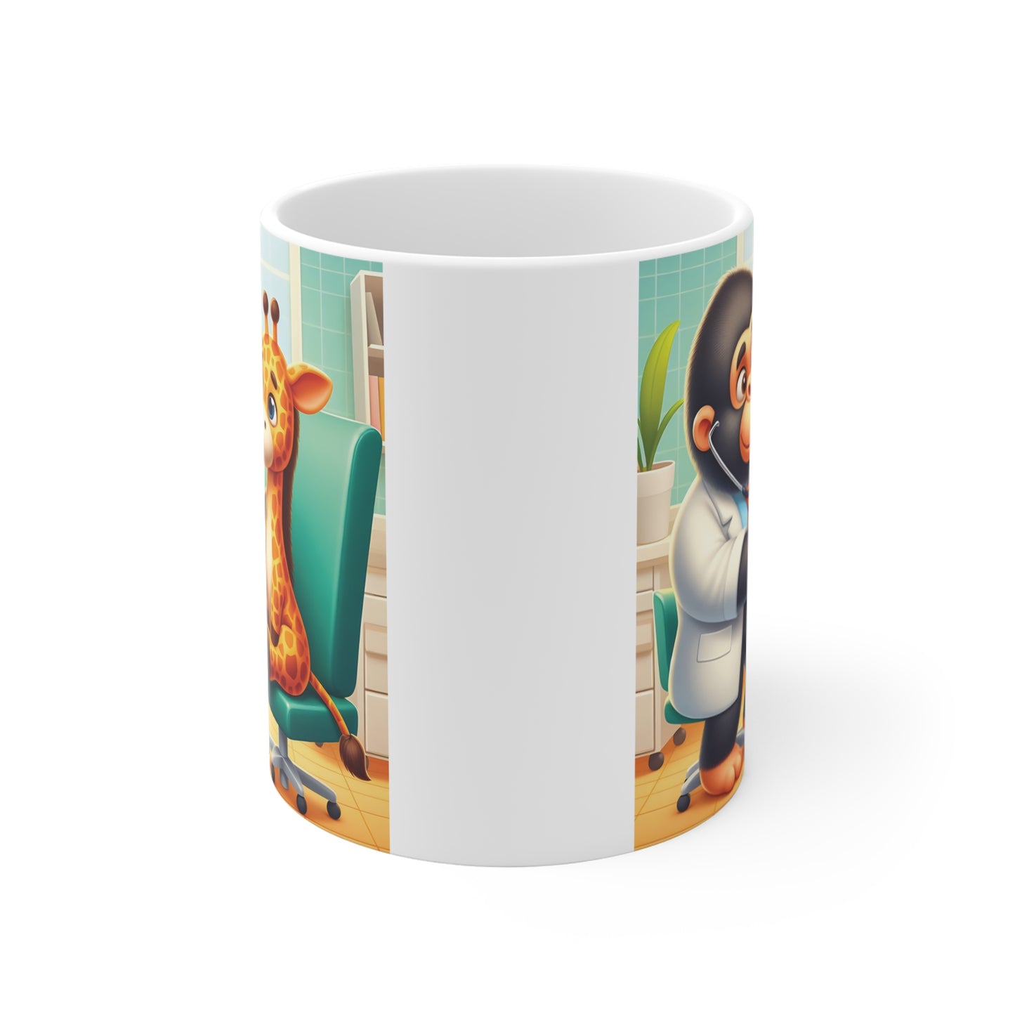 Funny animal doctor gorilla treating giraffe in clinic, kawaii veterinary cartoon coffee mug gift design